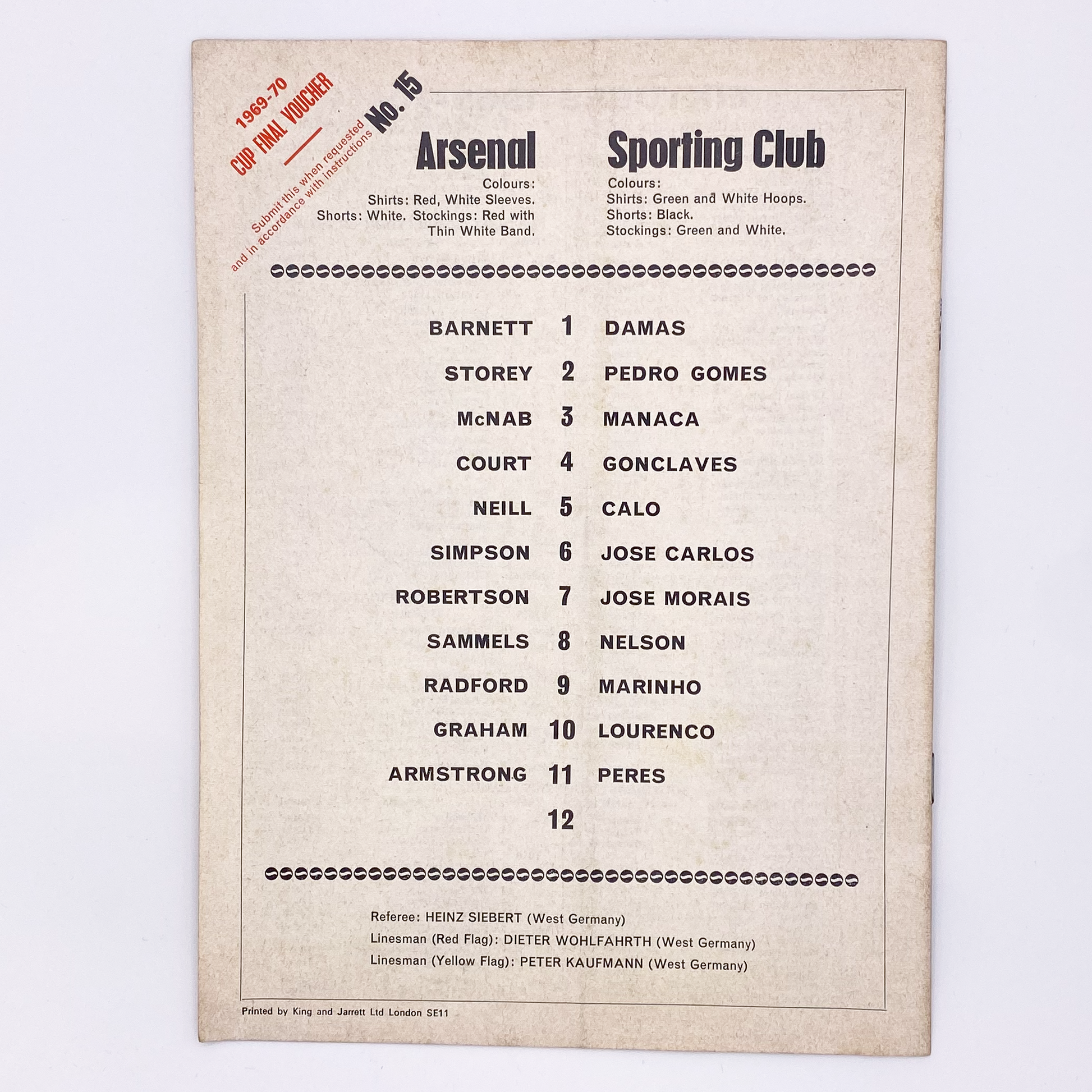 Arsenal vs Sporting CP Programme (26 November, 1969)