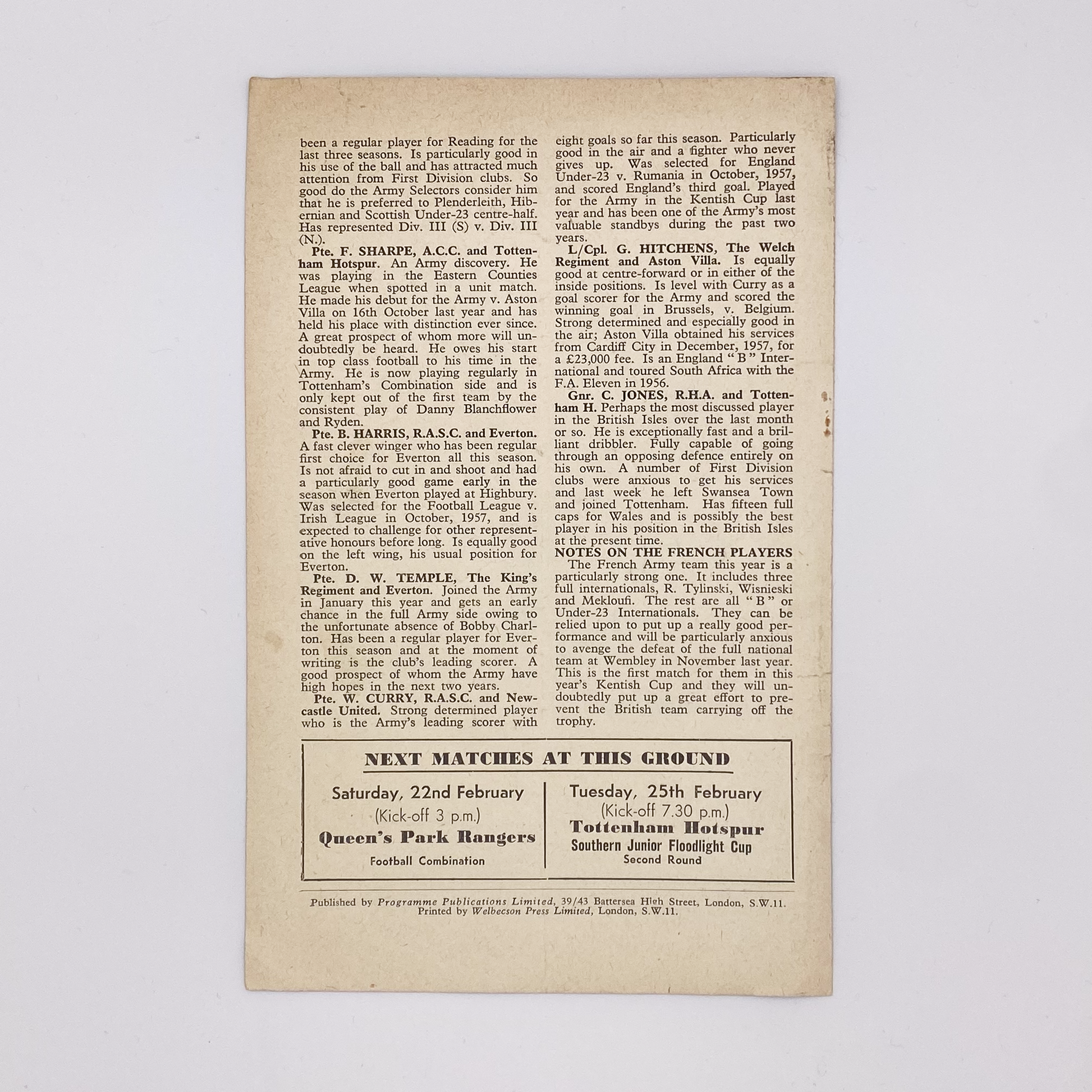 British Army vs French Army Programme (Wednesday, 19 February, 1958)