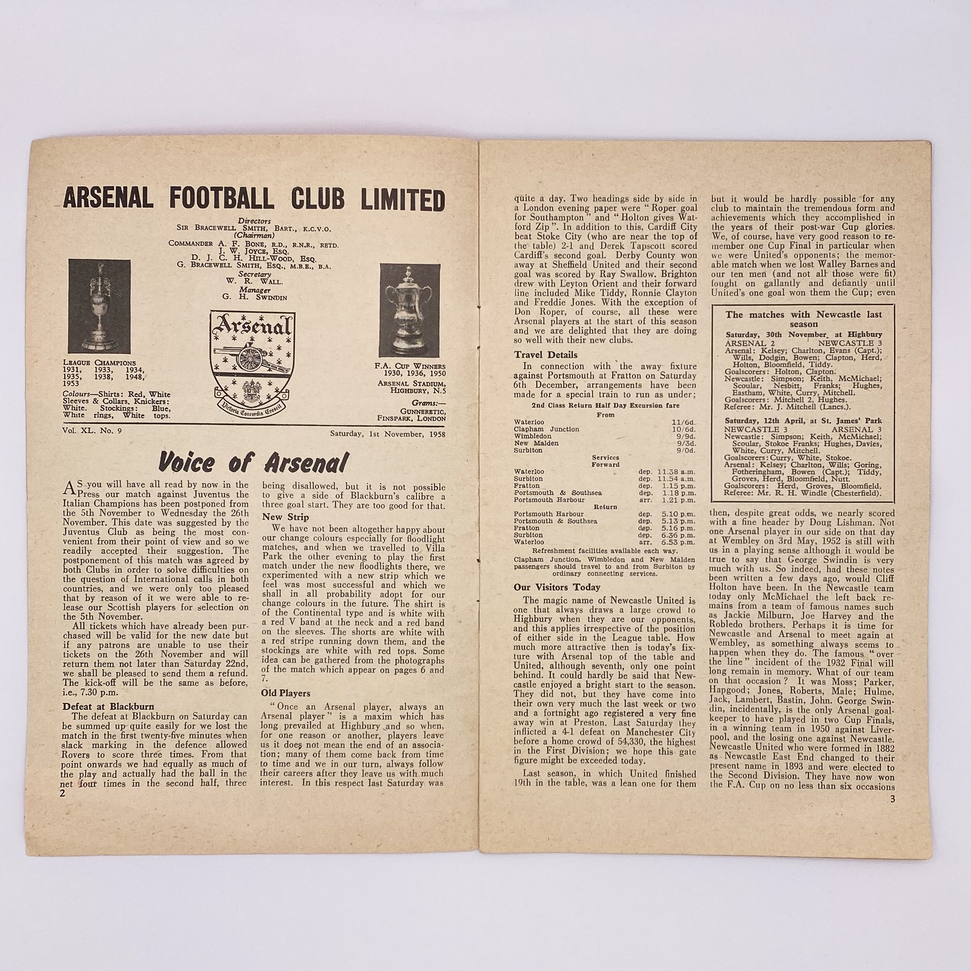 Arsenal vs Newcastle United Programme (1 November, 1958)