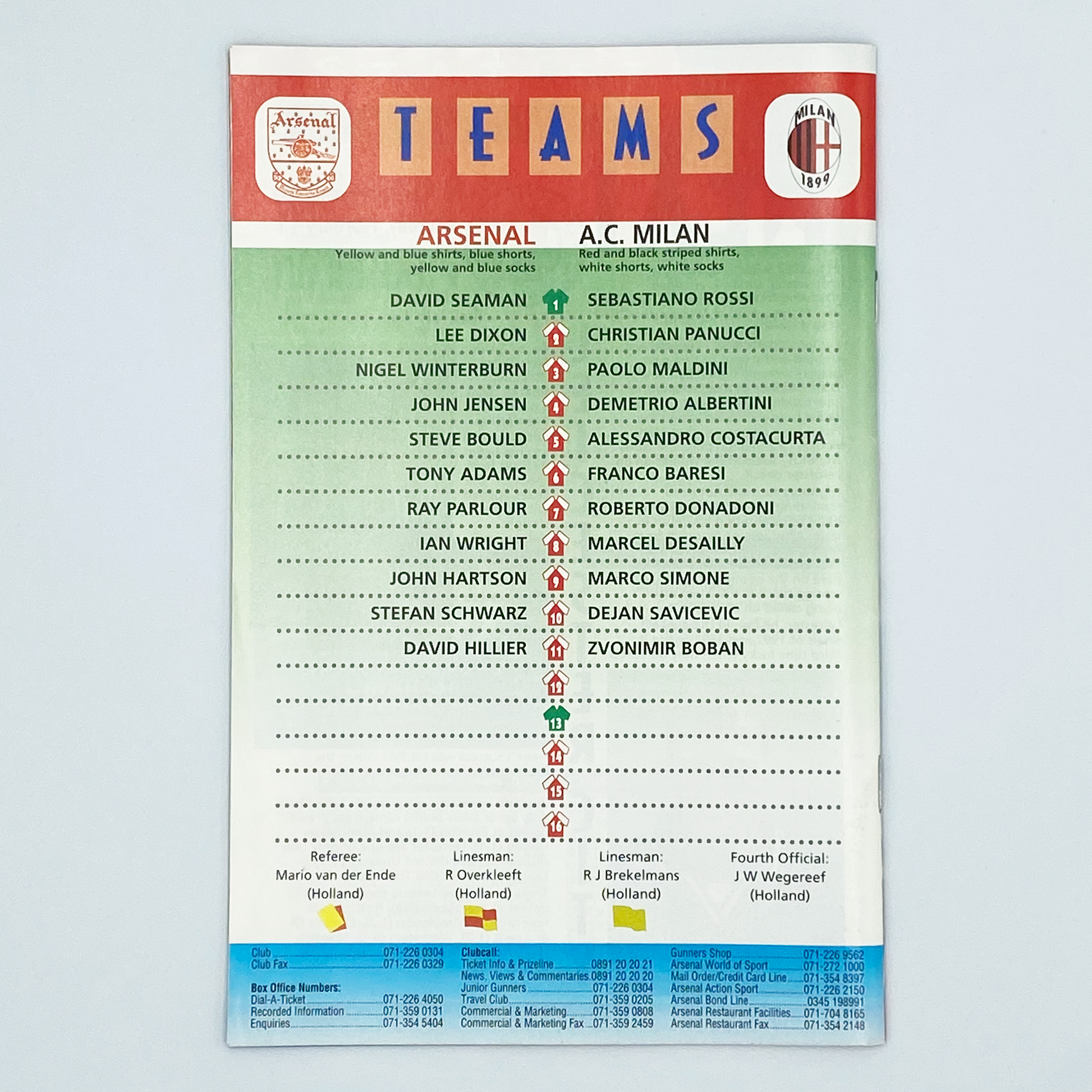 Arsenal vs AC Milan European Super Cup 1st Leg Programme (1 February, 1995)