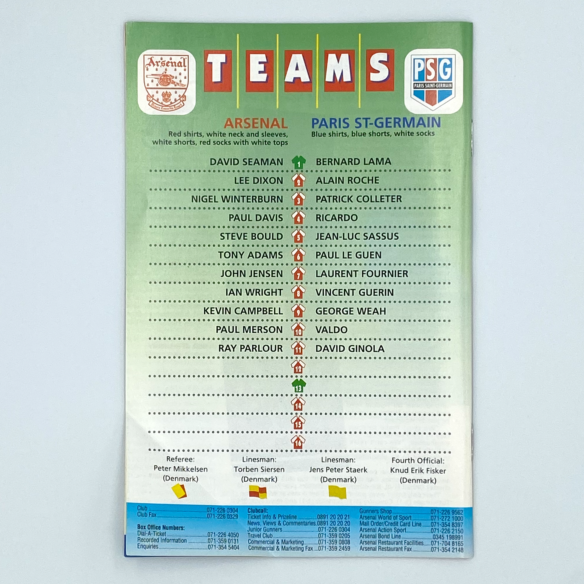 Arsenal vs Paris Saint-Germain UEFA Cup Winners' Cup Semi-Final 2nd Leg Programme (12 April, 1994)