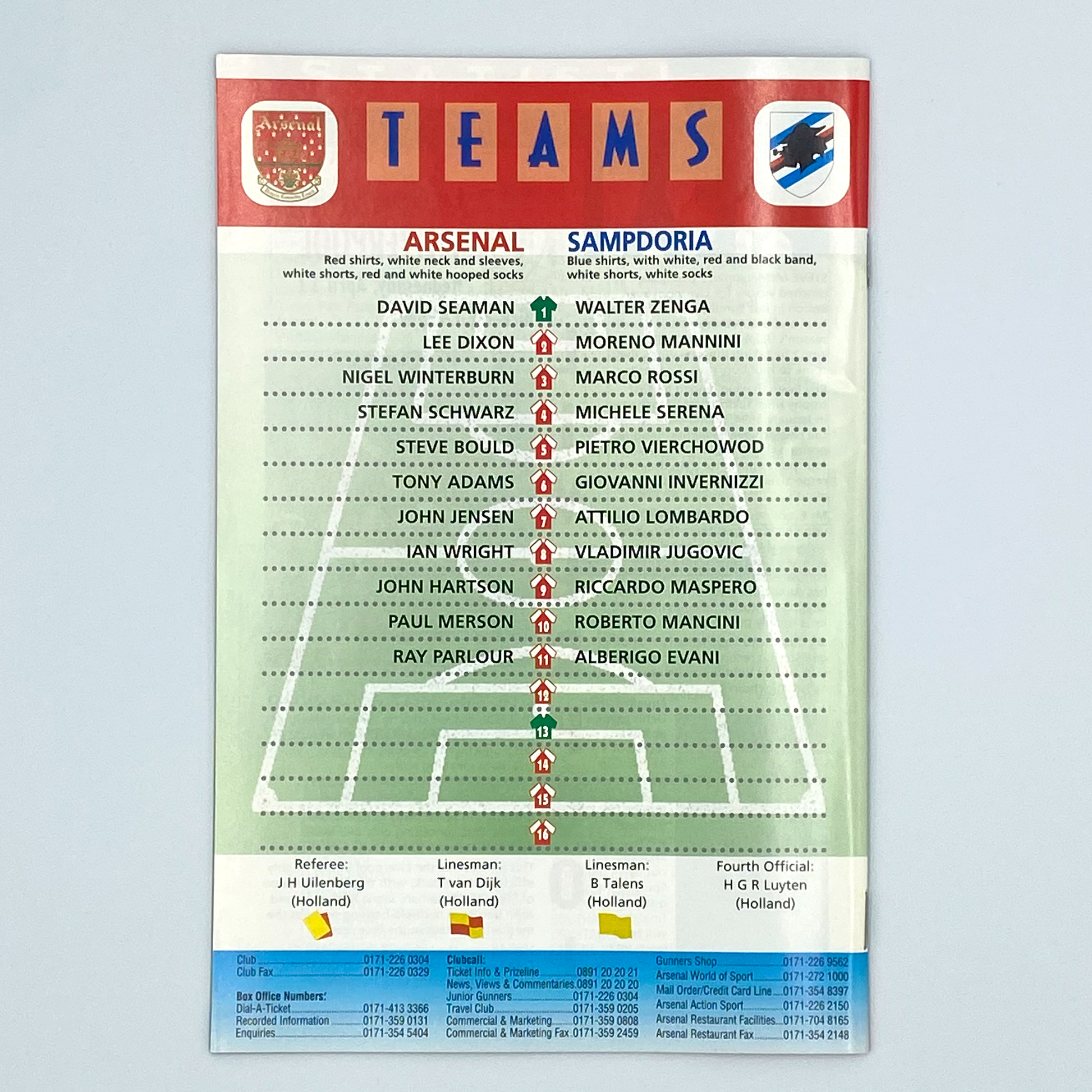 Arsenal vs Sampdoria UEFA Cup Winners' Cup Semi-Final 1st Leg Programme (6 April, 1995)