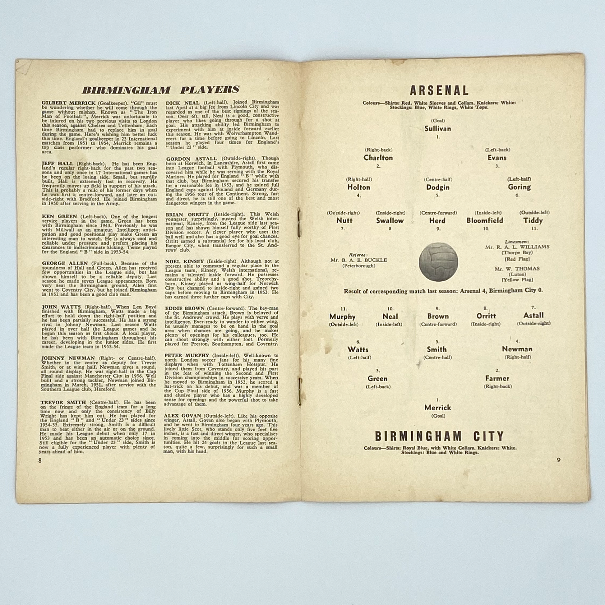 Arsenal vs Birmingham City Programme (19 October, 1957)