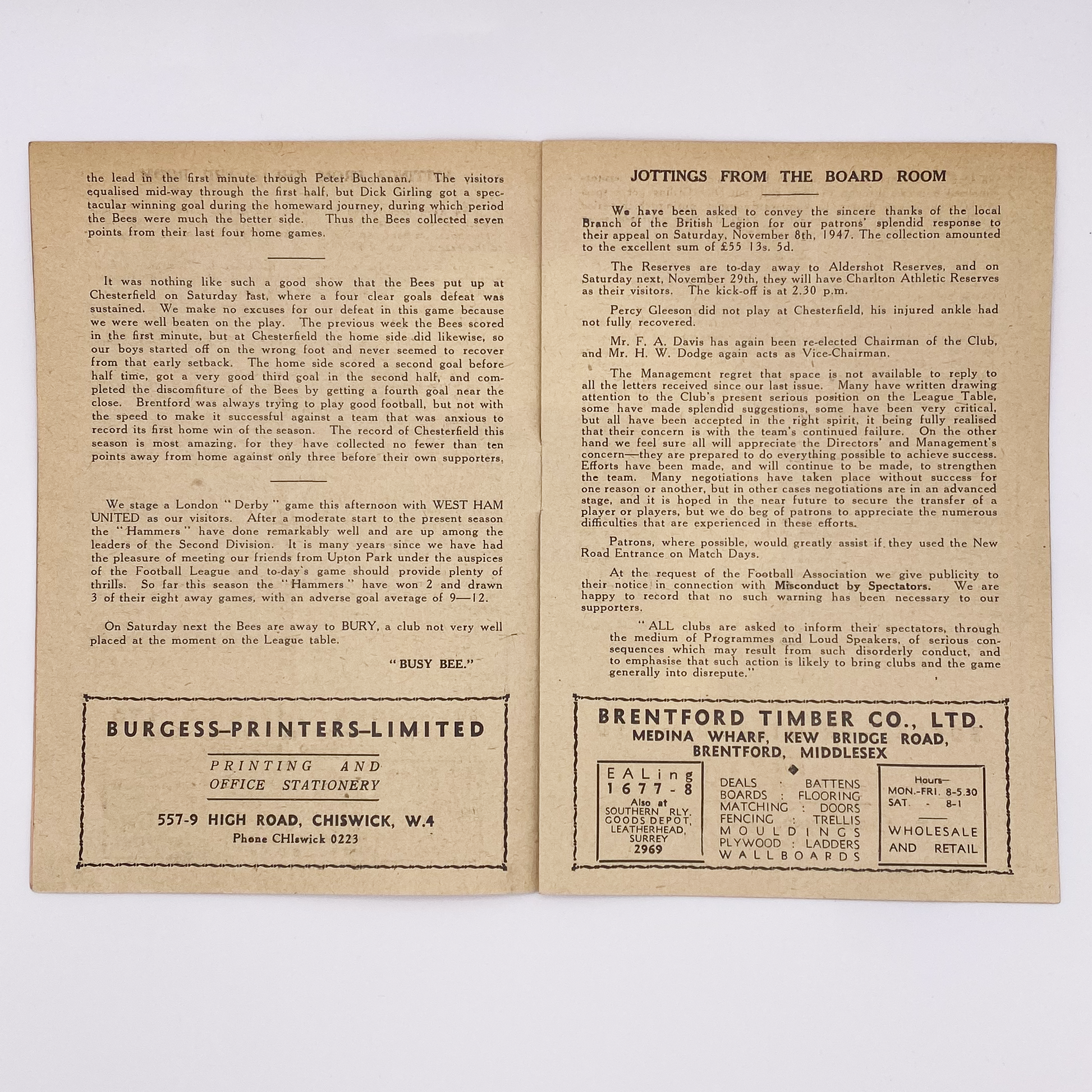Brentford vs West Ham United Programme (22 November, 1947)
