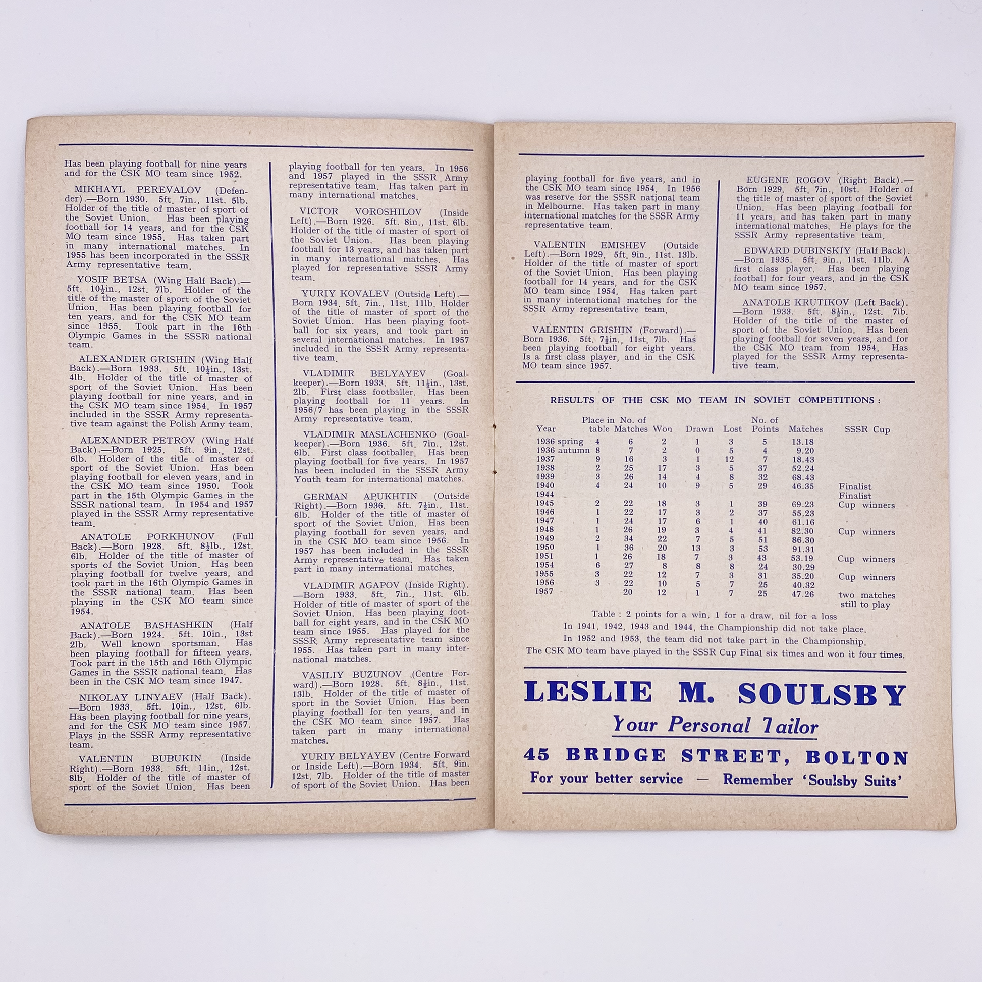 Bolton Wanderers vs C.D.S.A. Moscow Programme (4 November, 1957)