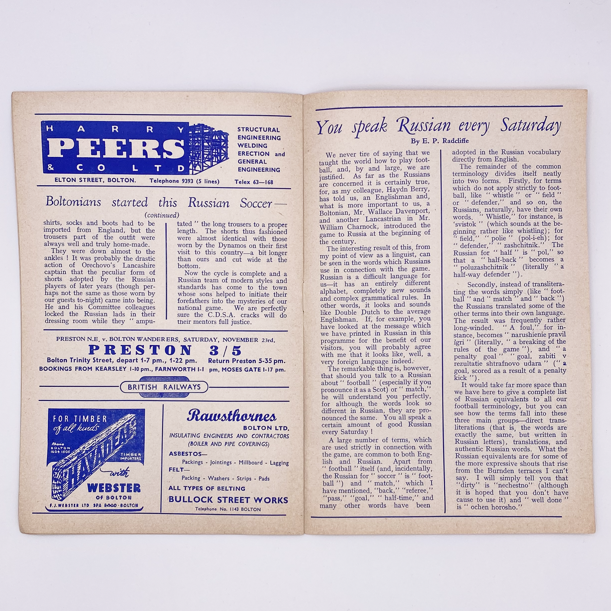 Bolton Wanderers vs C.D.S.A. Moscow Programme (4 November, 1957)