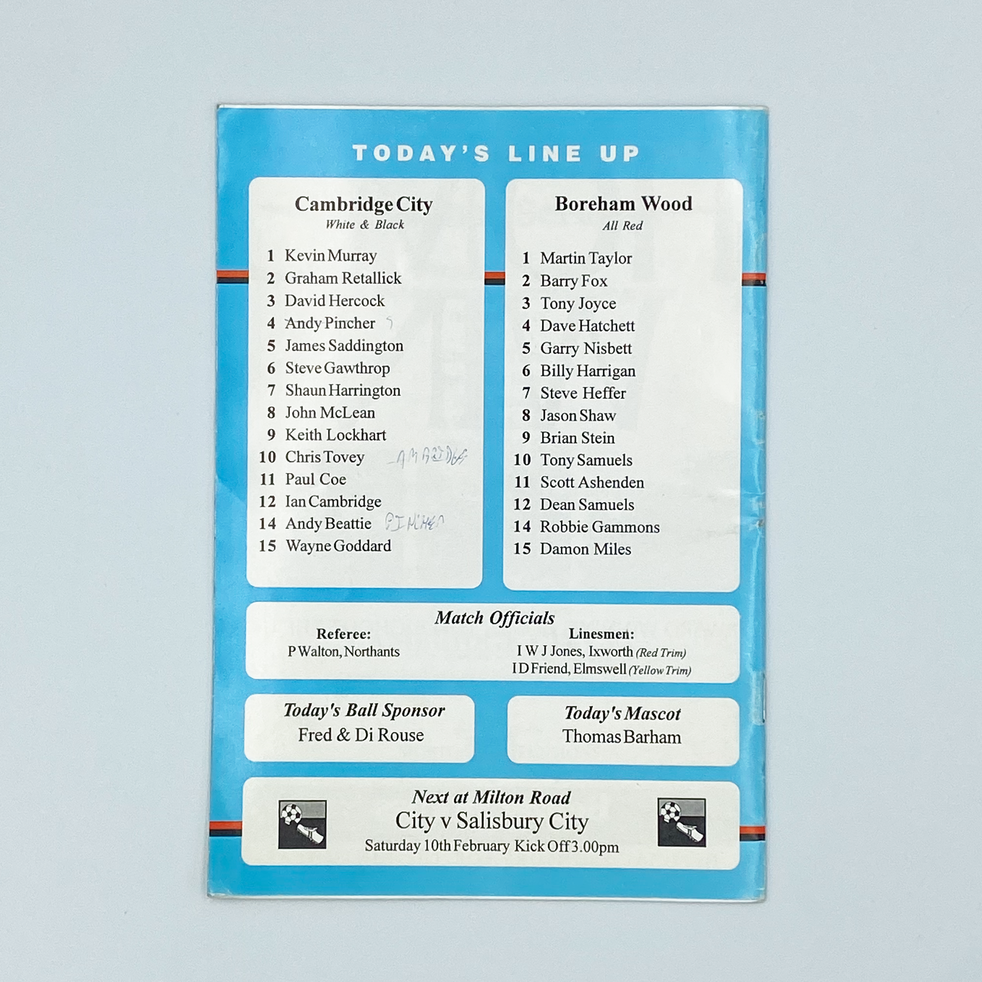 Cambridge City vs Boreham Wood Programme (20 January, 1996)