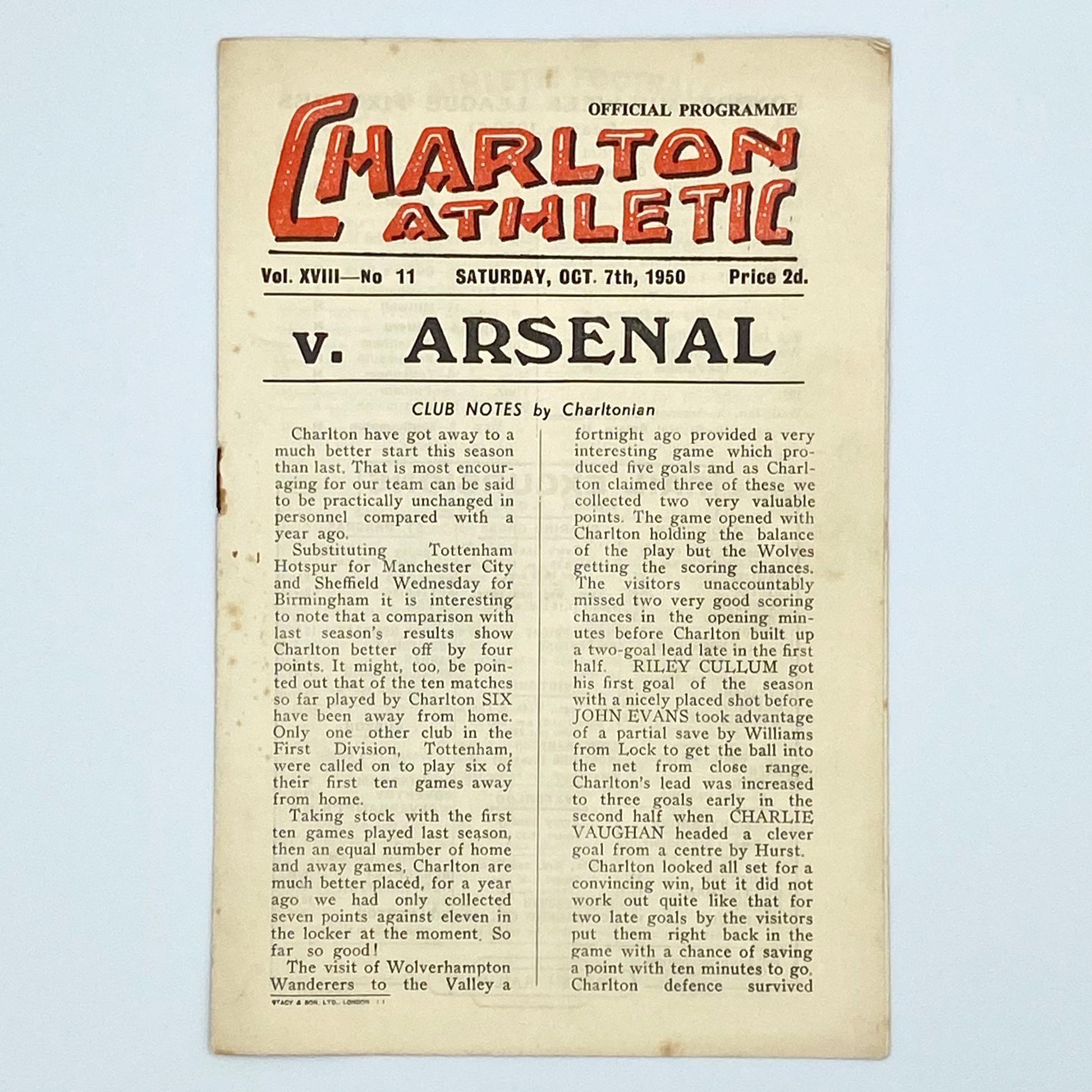 Charlton Athletic vs Arsenal Programme (7 October, 1950)