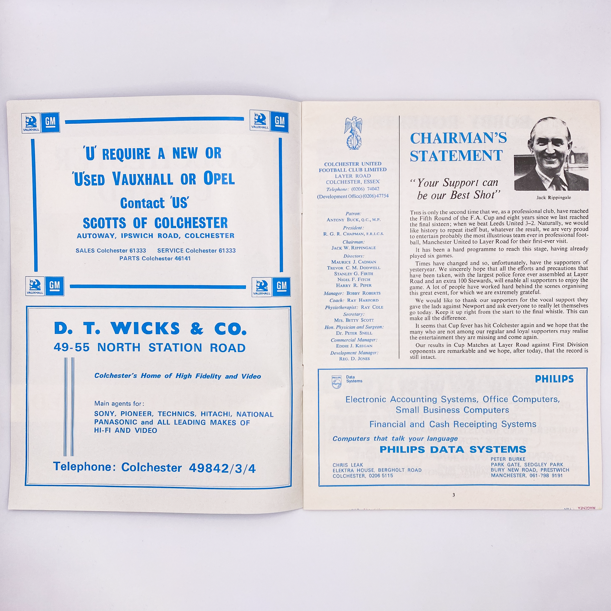 Colchester United vs Manchester United Programme (20 February, 1979)