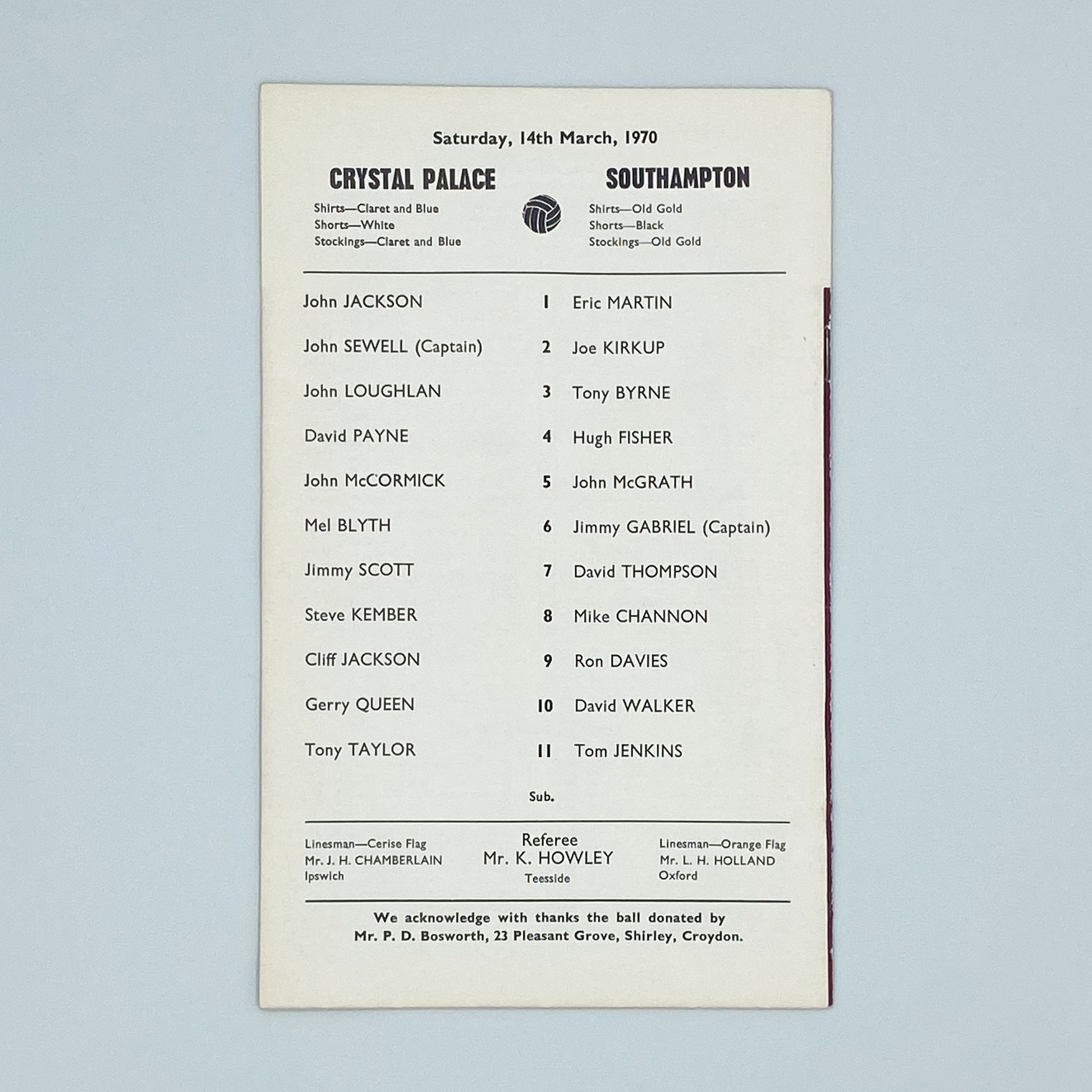 Crystal Palace vs Southampton Programme (14 March, 1970)