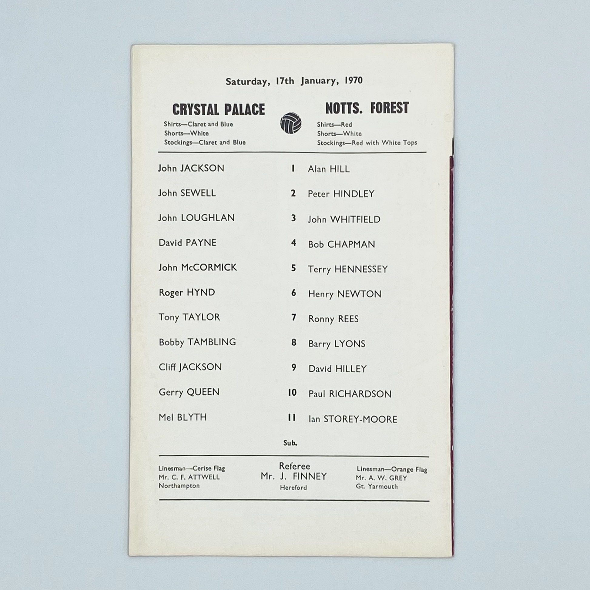 Crystal Palace vs Nottingham Forest Programme (17 January, 1970)