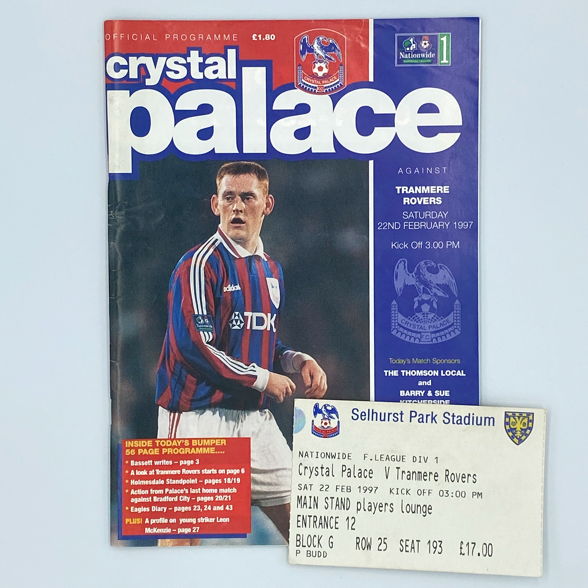 Crystal Palace vs Tranmere Rovers Programme & Ticket (22 February, 1997)