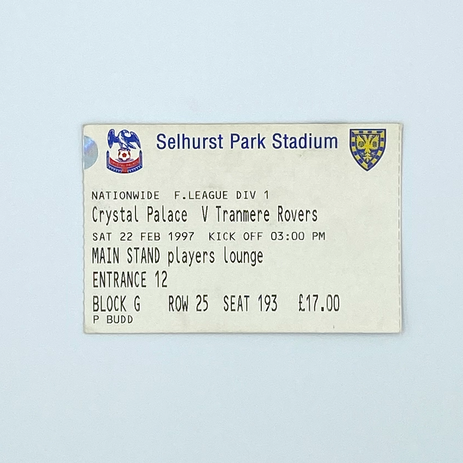 Crystal Palace vs Tranmere Rovers Programme & Ticket (22 February, 1997)