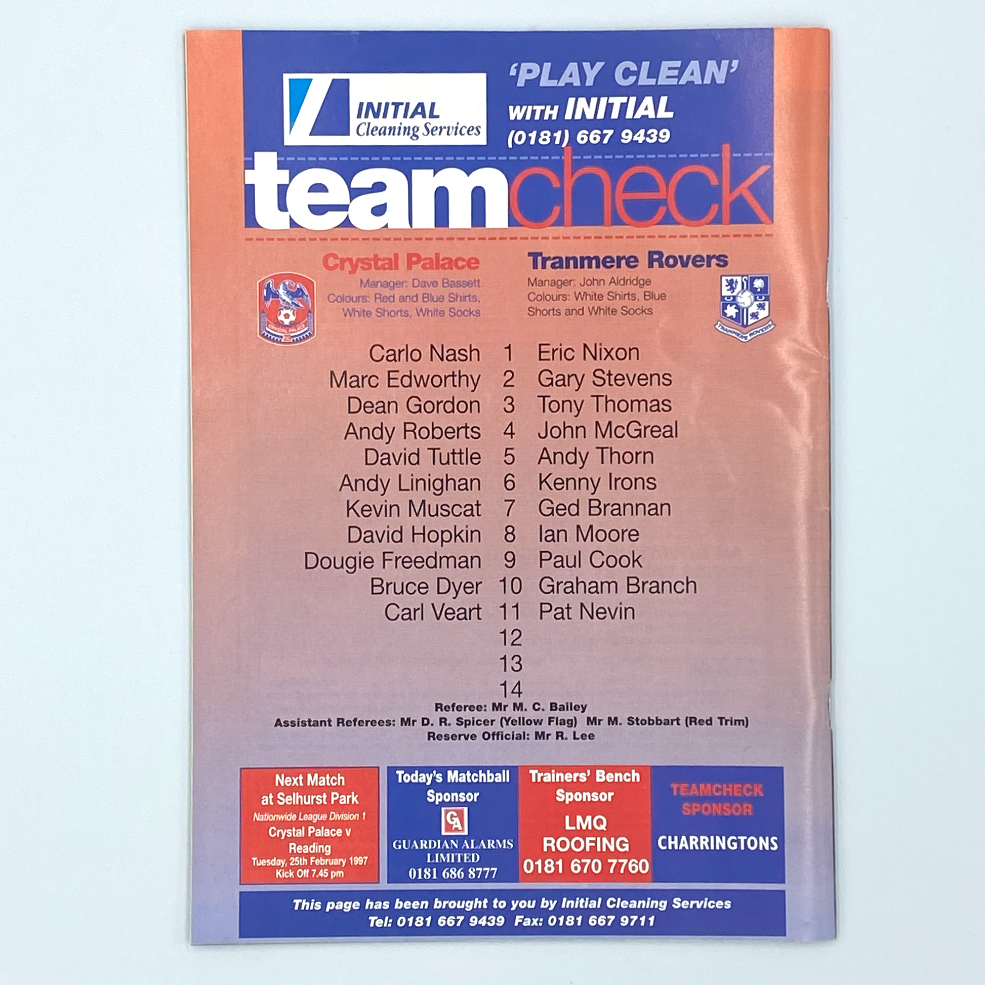 Crystal Palace vs Tranmere Rovers Programme & Ticket (22 February, 1997)