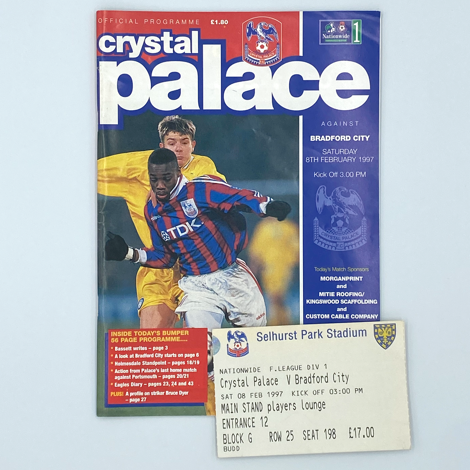 Crystal Palace vs Bradford City Programme & Ticket (8 February, 1997)