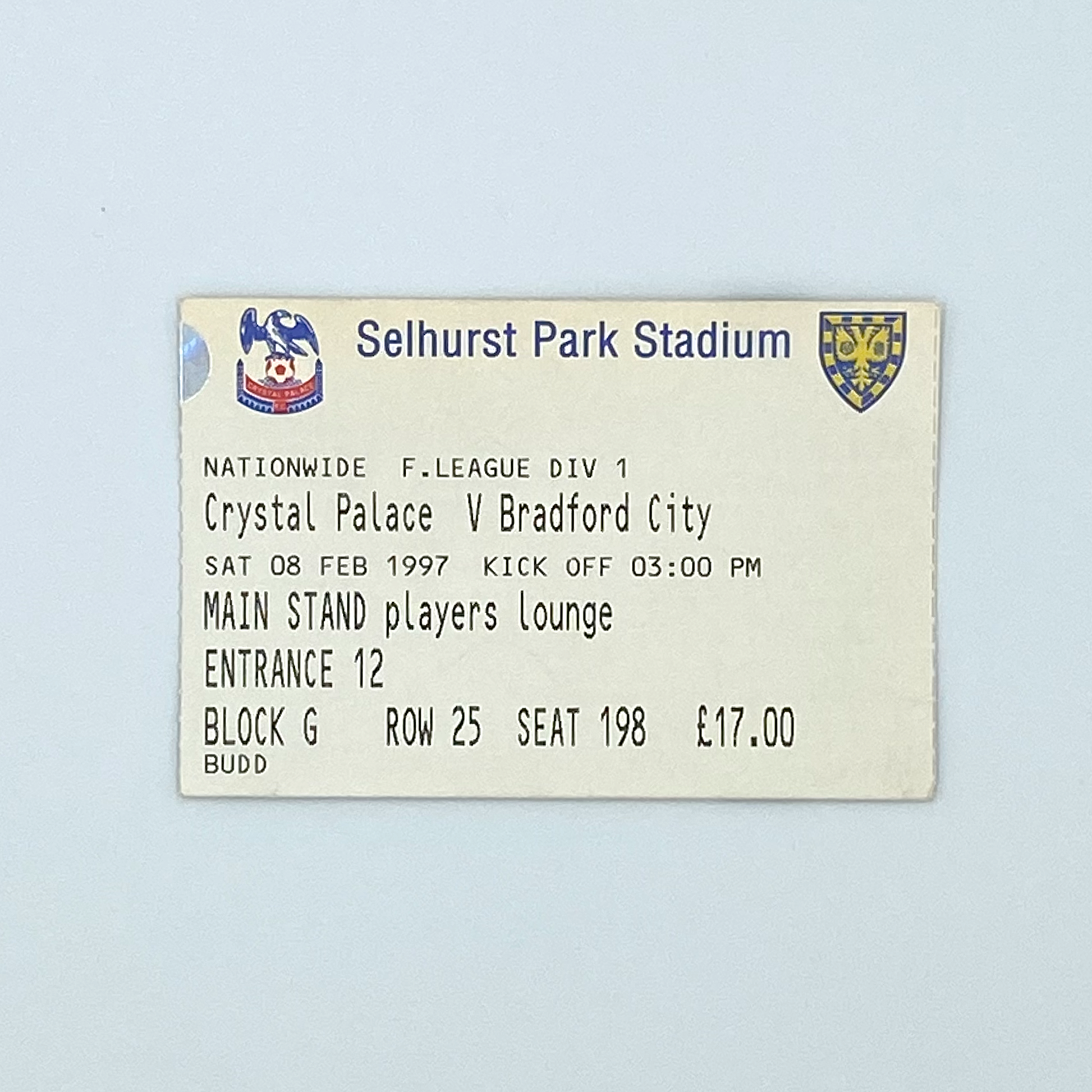 Crystal Palace vs Bradford City Programme & Ticket (8 February, 1997)