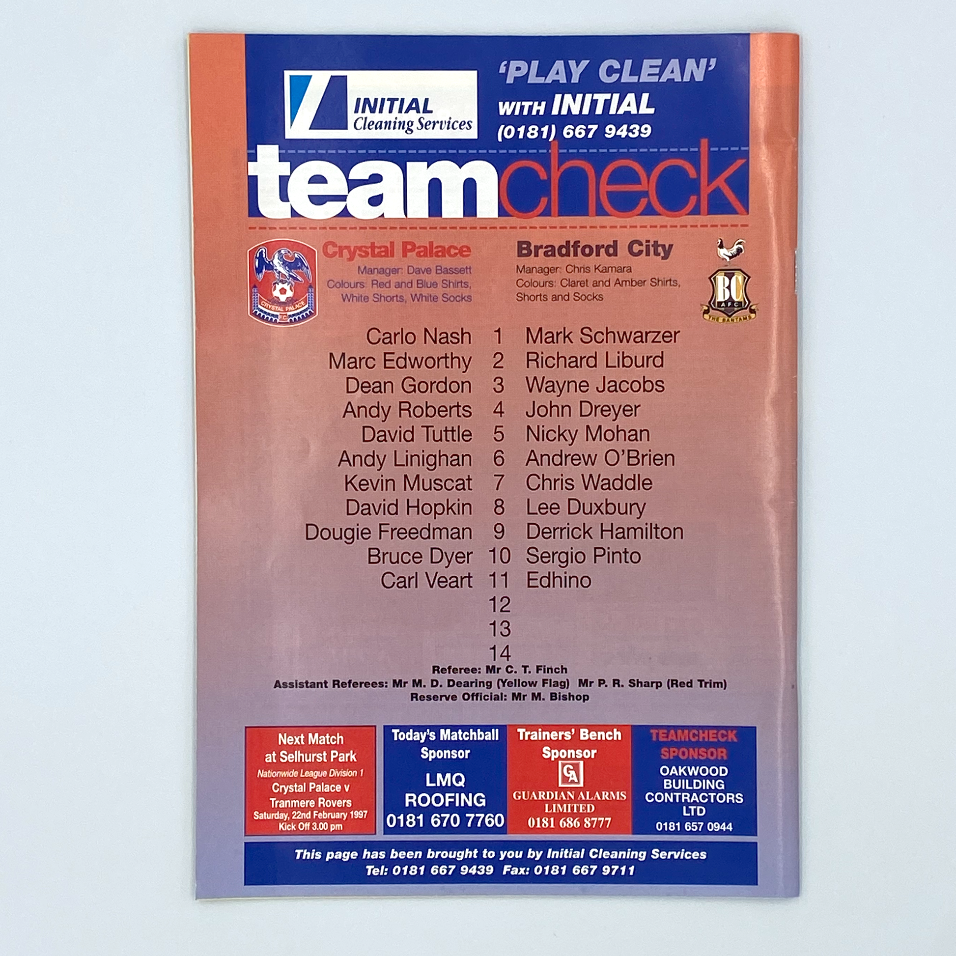 Crystal Palace vs Bradford City Programme & Ticket (8 February, 1997)