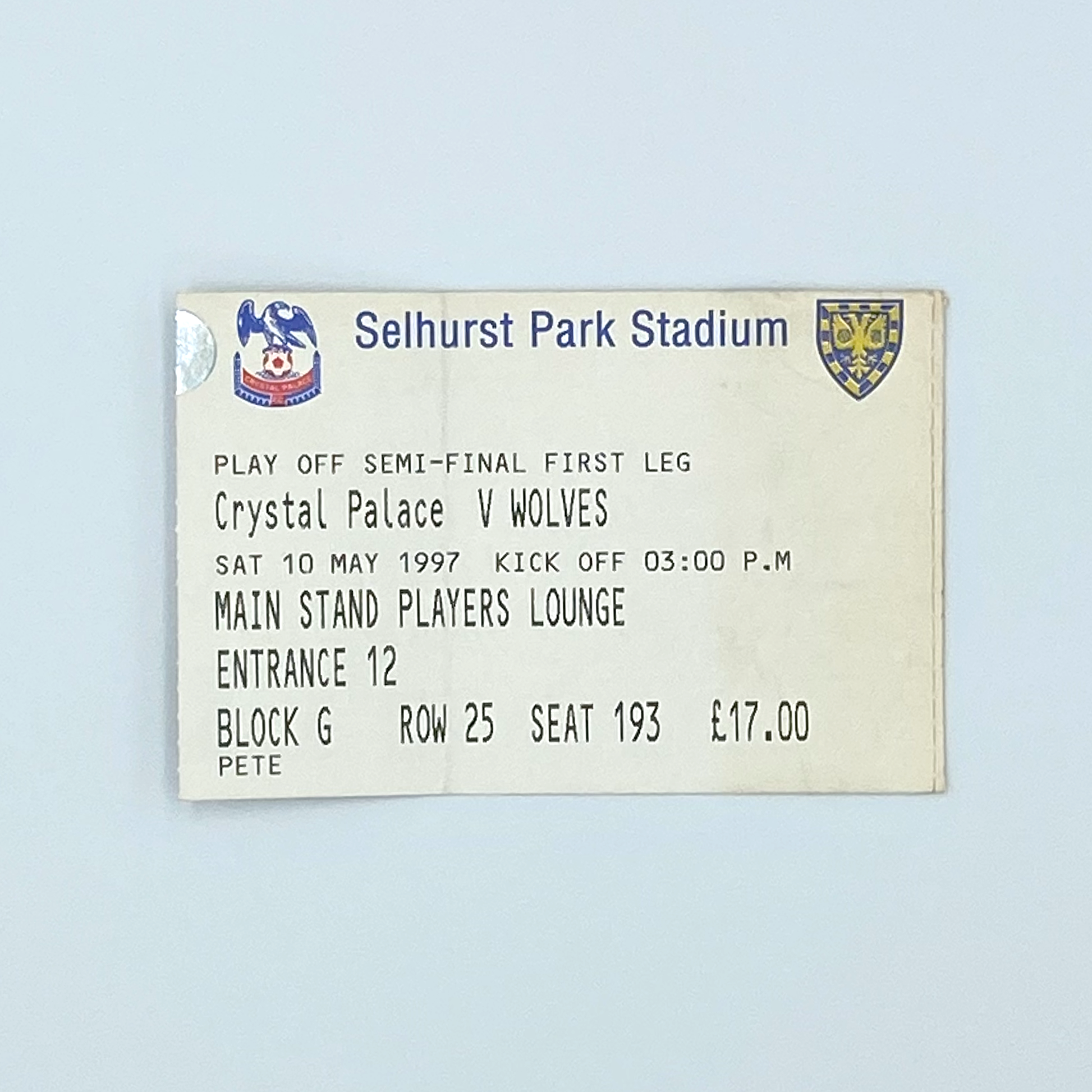 Crystal Palace vs Wolverhampton Wanderers Play-Off Semi-Final Programme & Ticket (10 May, 1997)