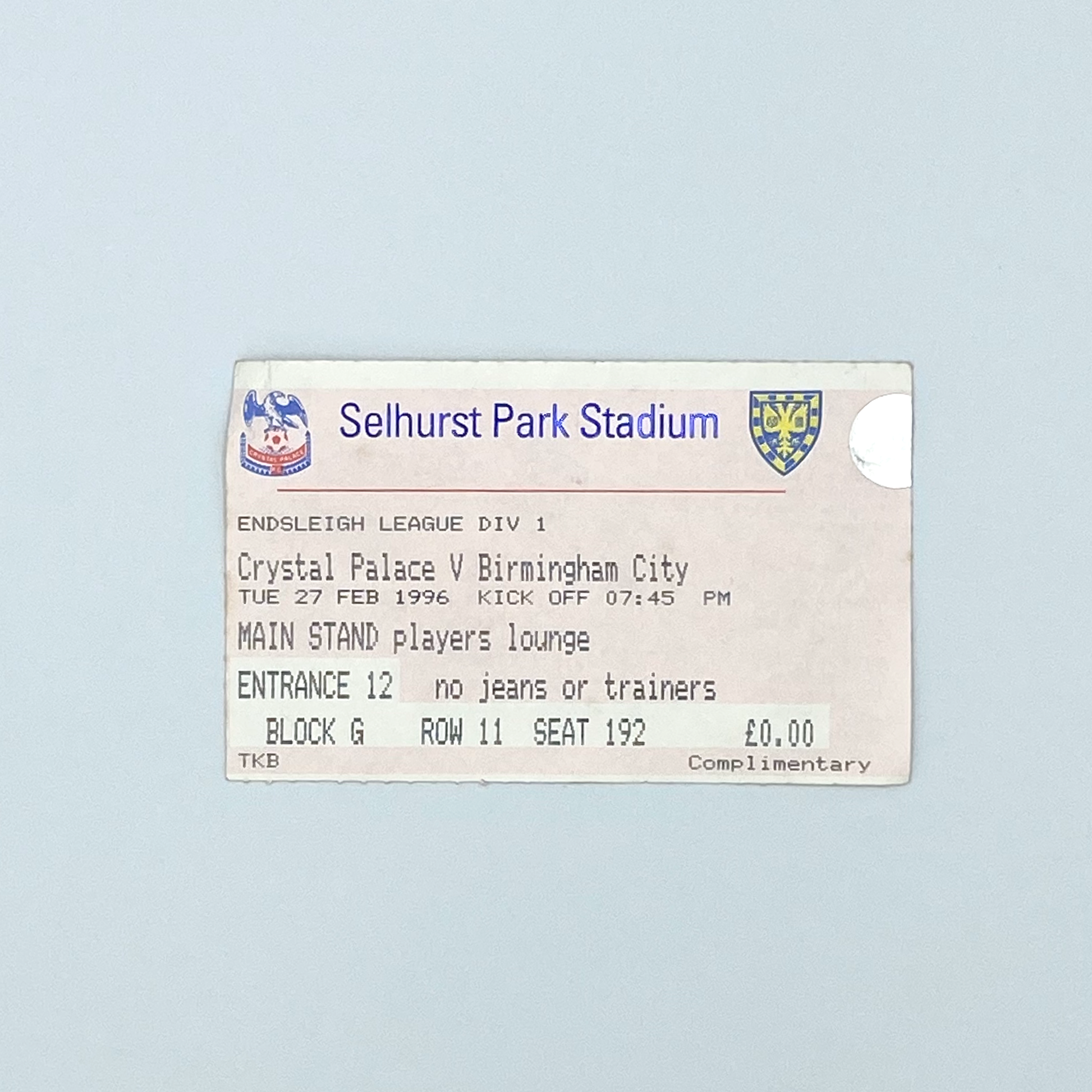 Crystal Palace vs Birmingham City Programme & Ticket (27 February, 1996)