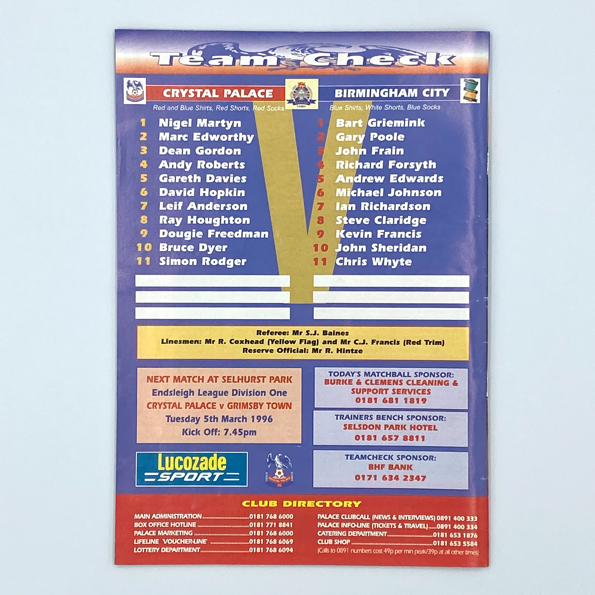 Crystal Palace vs Birmingham City Programme & Ticket (27 February, 1996)