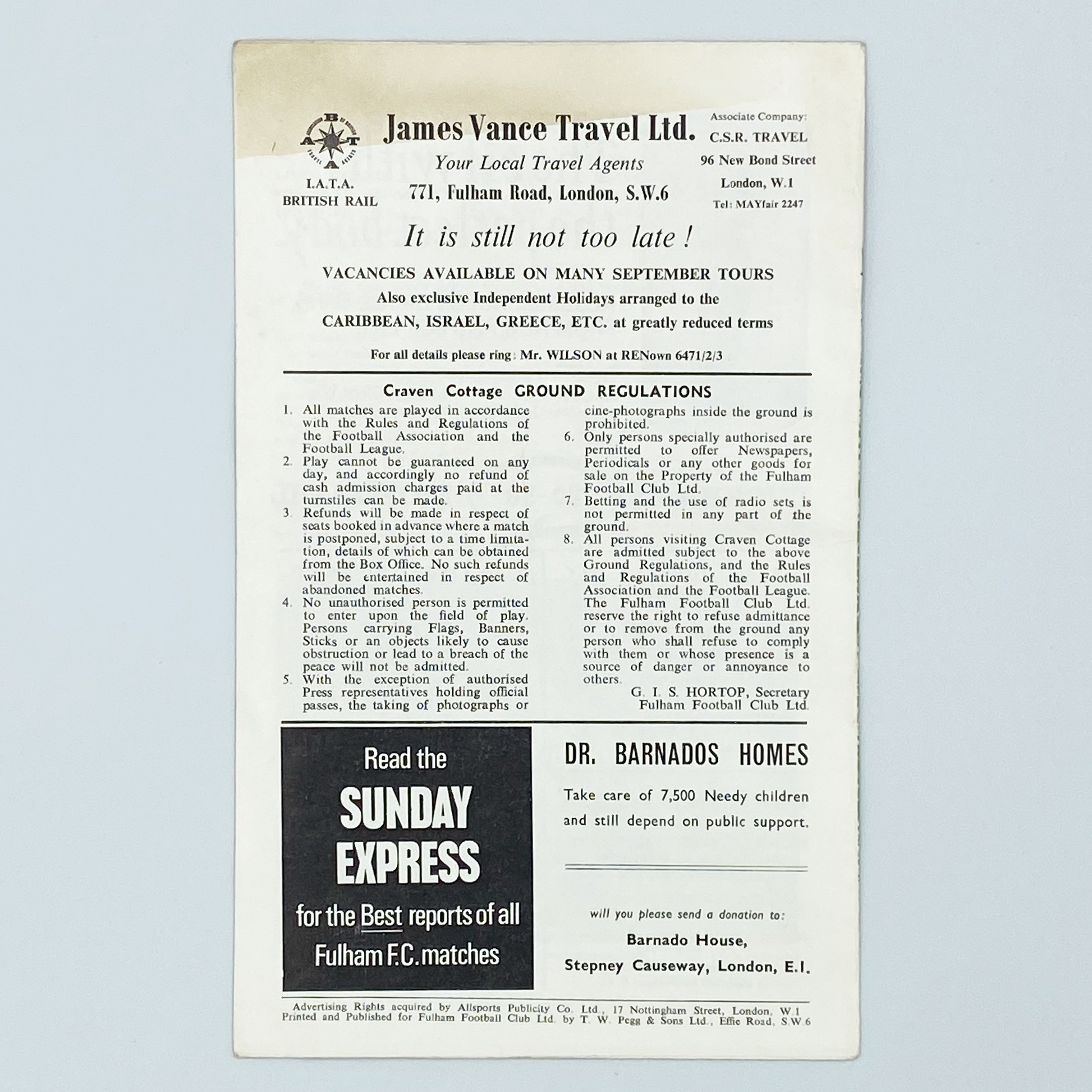 Fulham vs Sunderland Programme (28 August, 1967)