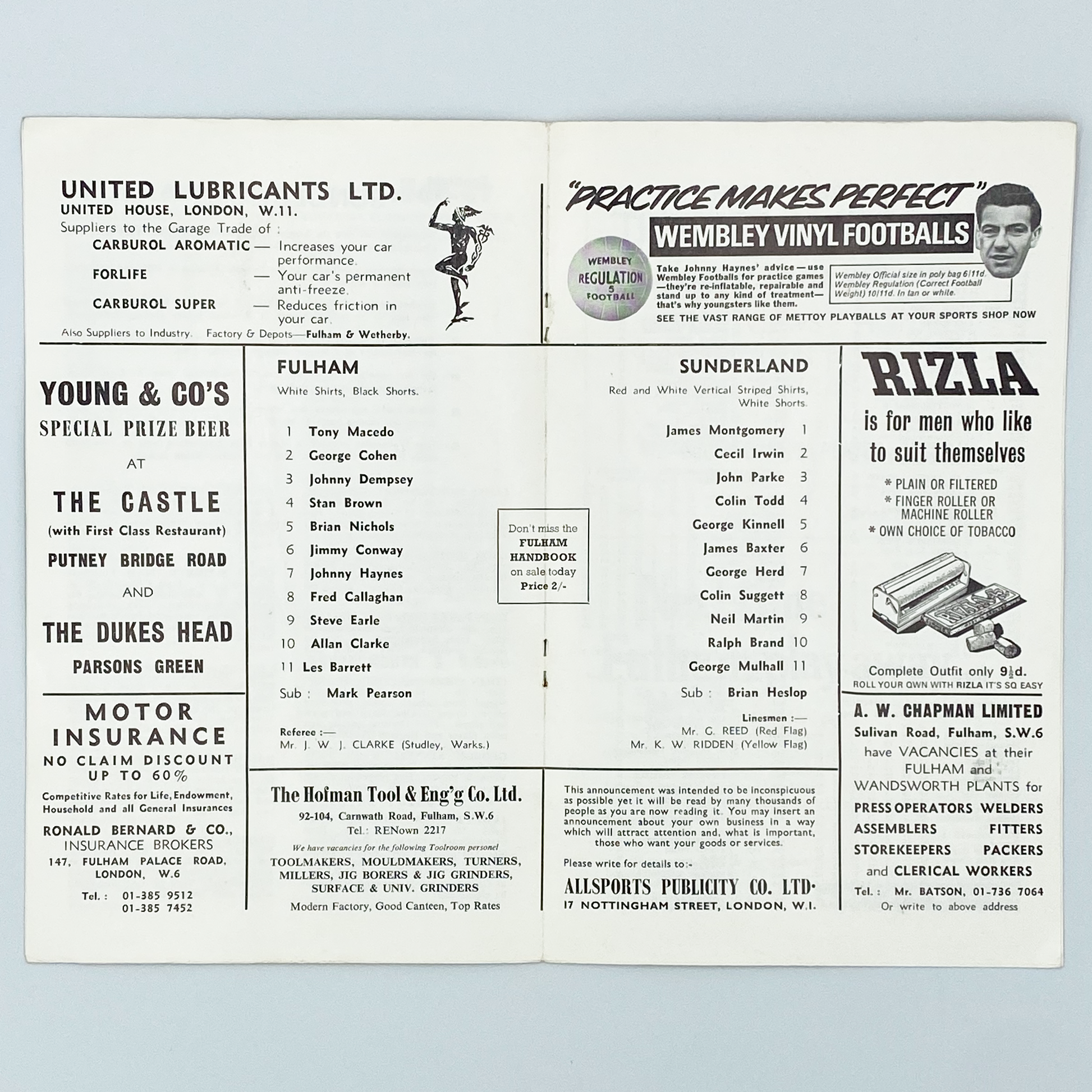 Fulham vs Sunderland Programme (28 August, 1967)