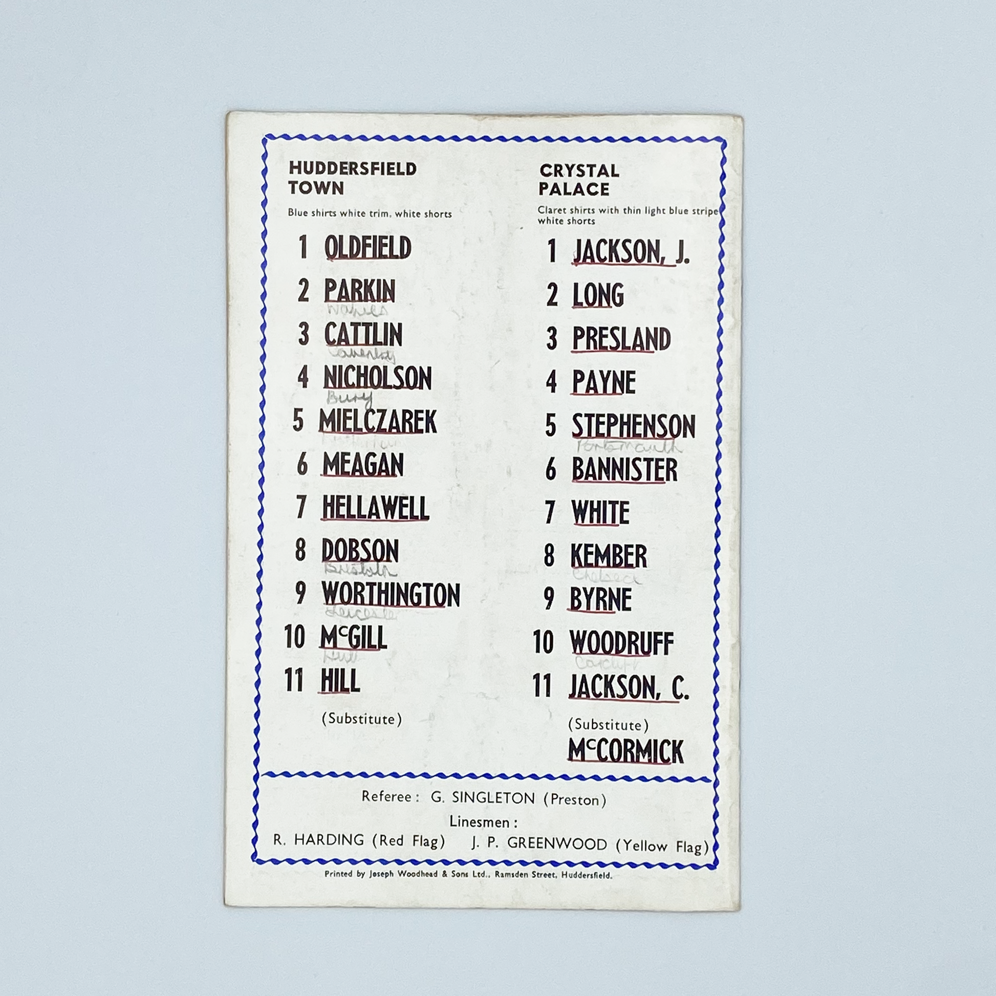 Huddersfield Town vs Crystal Palace Programme (11 November, 1967)