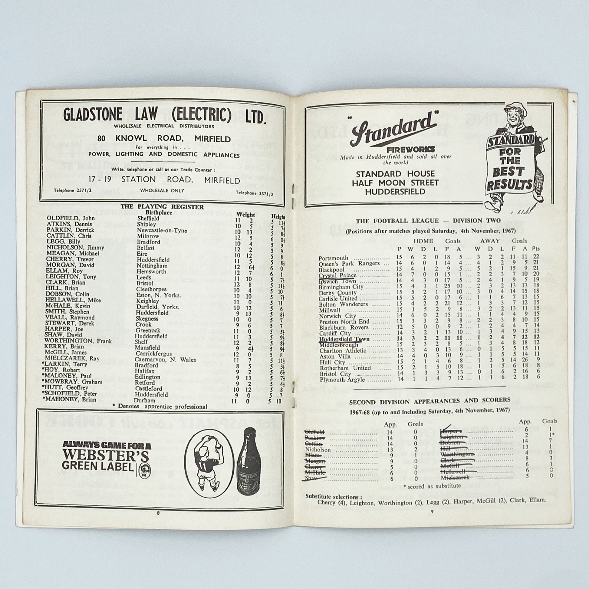 Huddersfield Town vs Crystal Palace Programme (11 November, 1967)