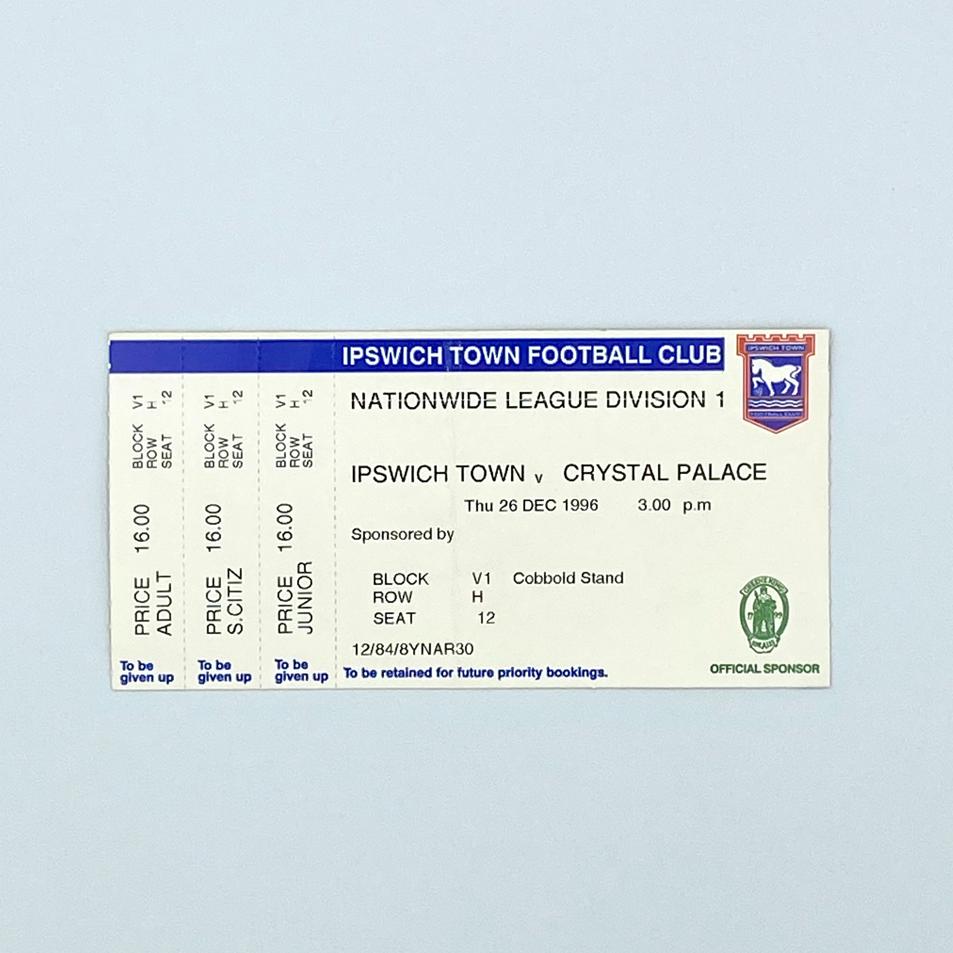 Ipswich Town vs Crystal Palace Programme & Ticket (26 December, 1996)