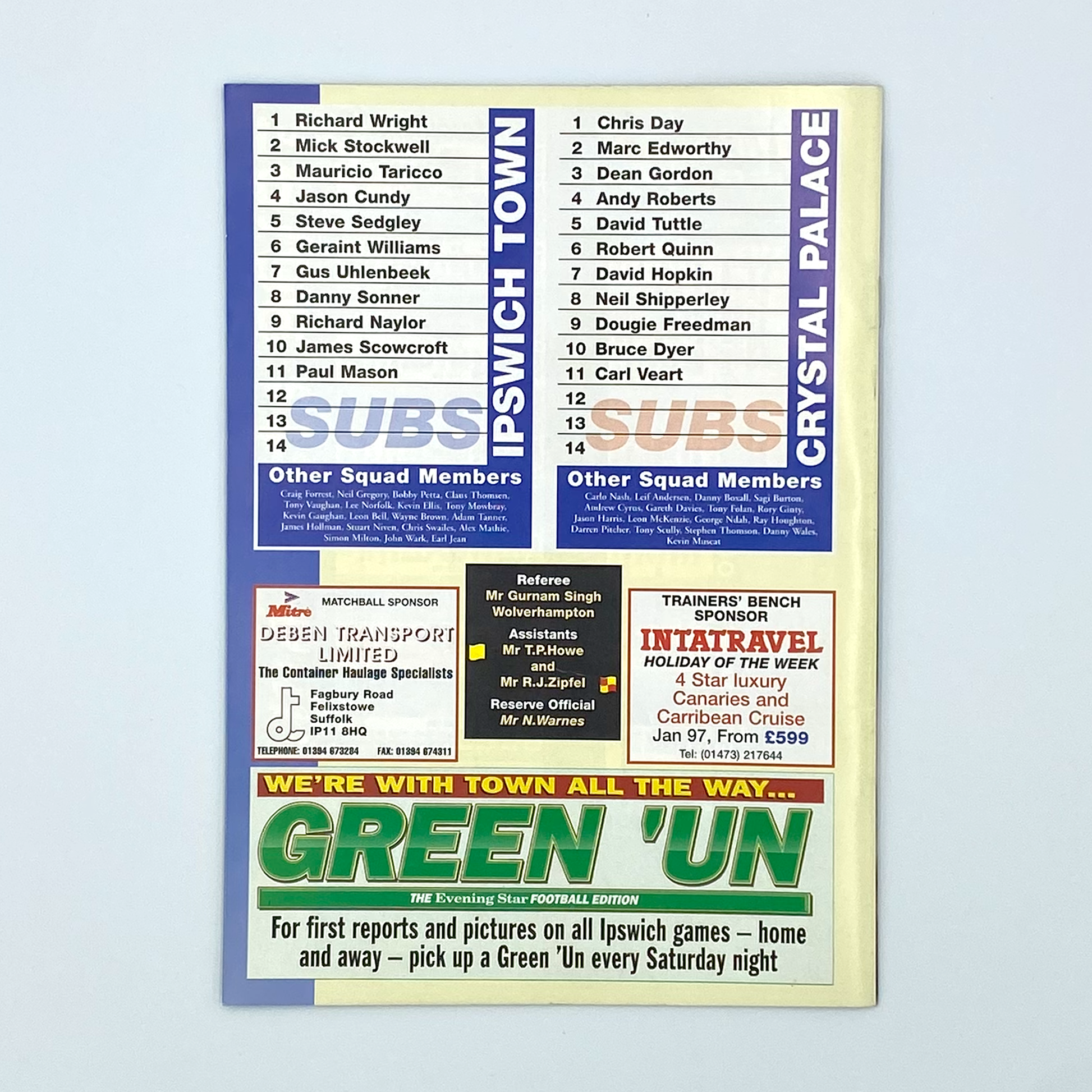 Ipswich Town vs Crystal Palace Programme & Ticket (26 December, 1996)