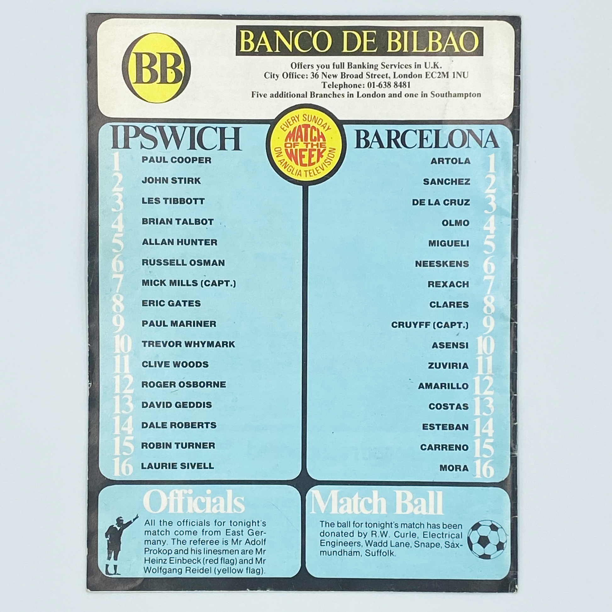 Ipswich Town vs FC Barcelona Programme (23 November, 1977)
