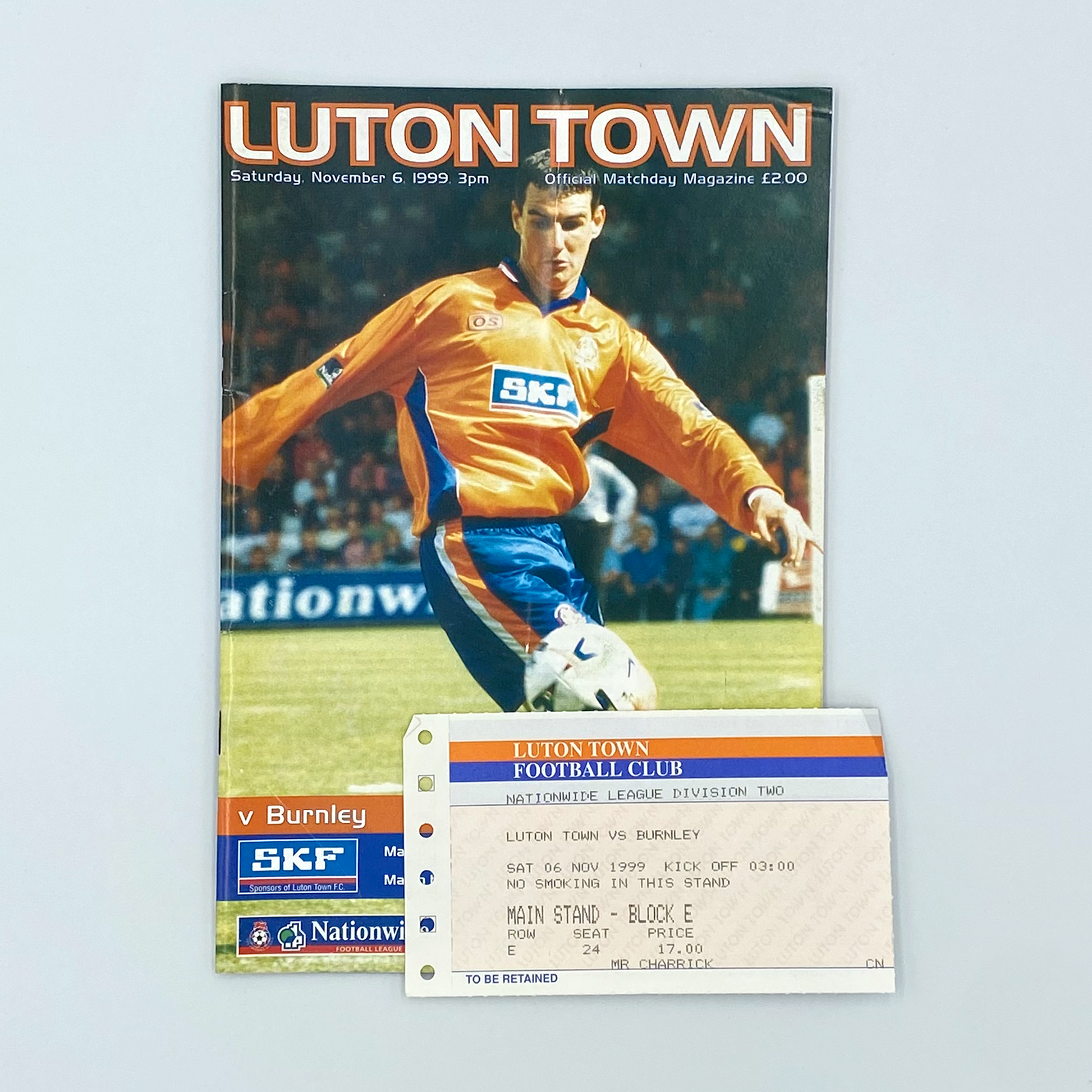Luton Town vs Burnley Programme & Ticket (6 November, 1999)