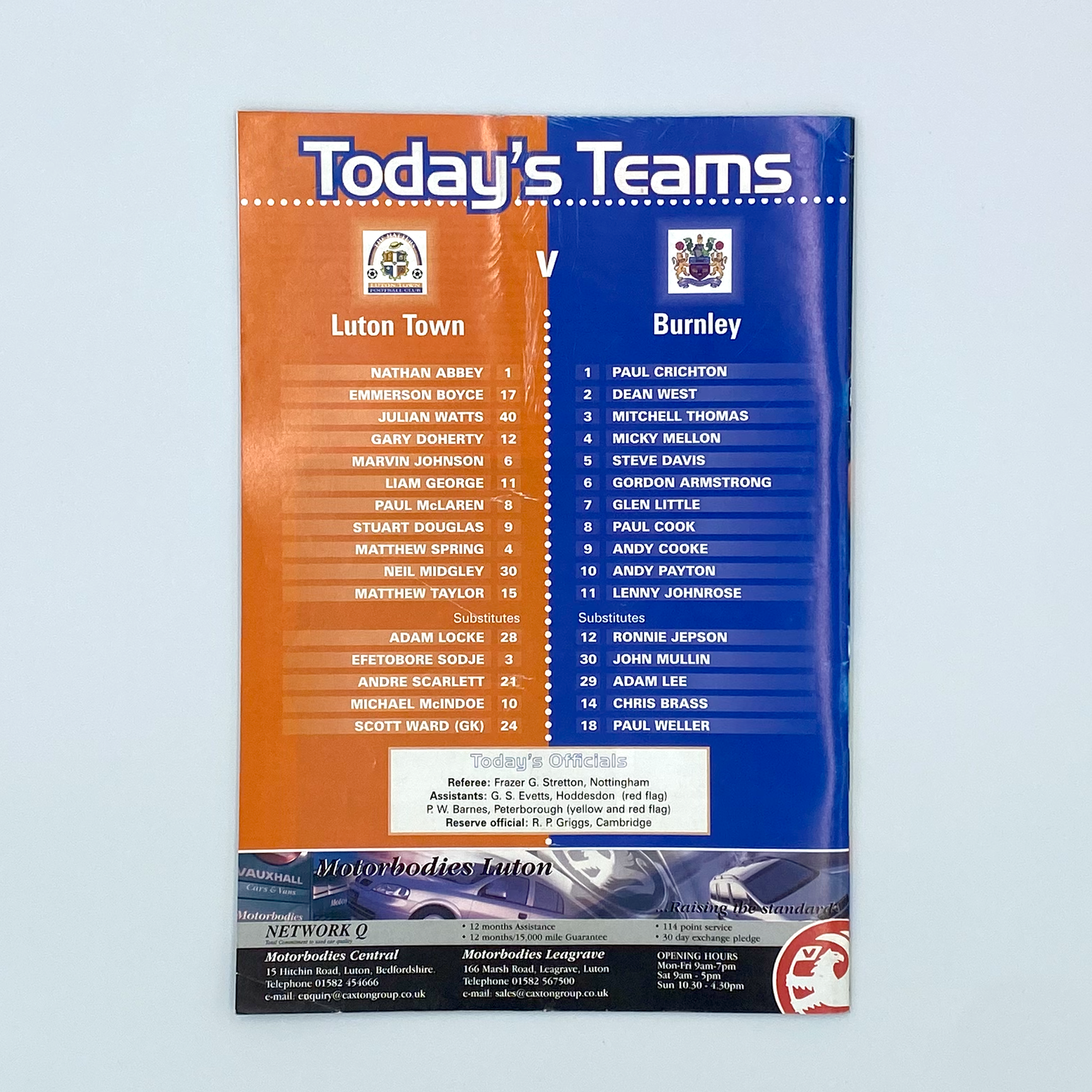 Luton Town vs Burnley Programme & Ticket (6 November, 1999)