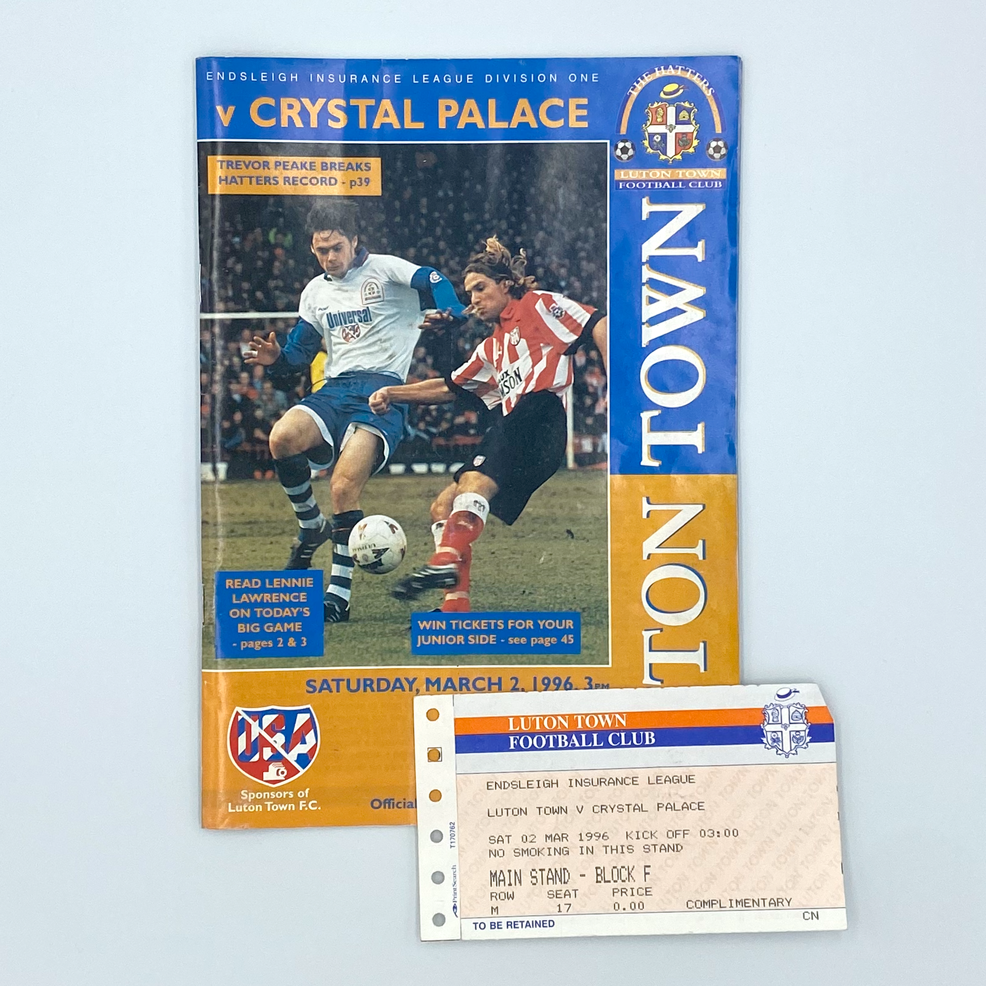 Luton Town vs Crystal Palace Programme & Ticket (2 March, 1996)