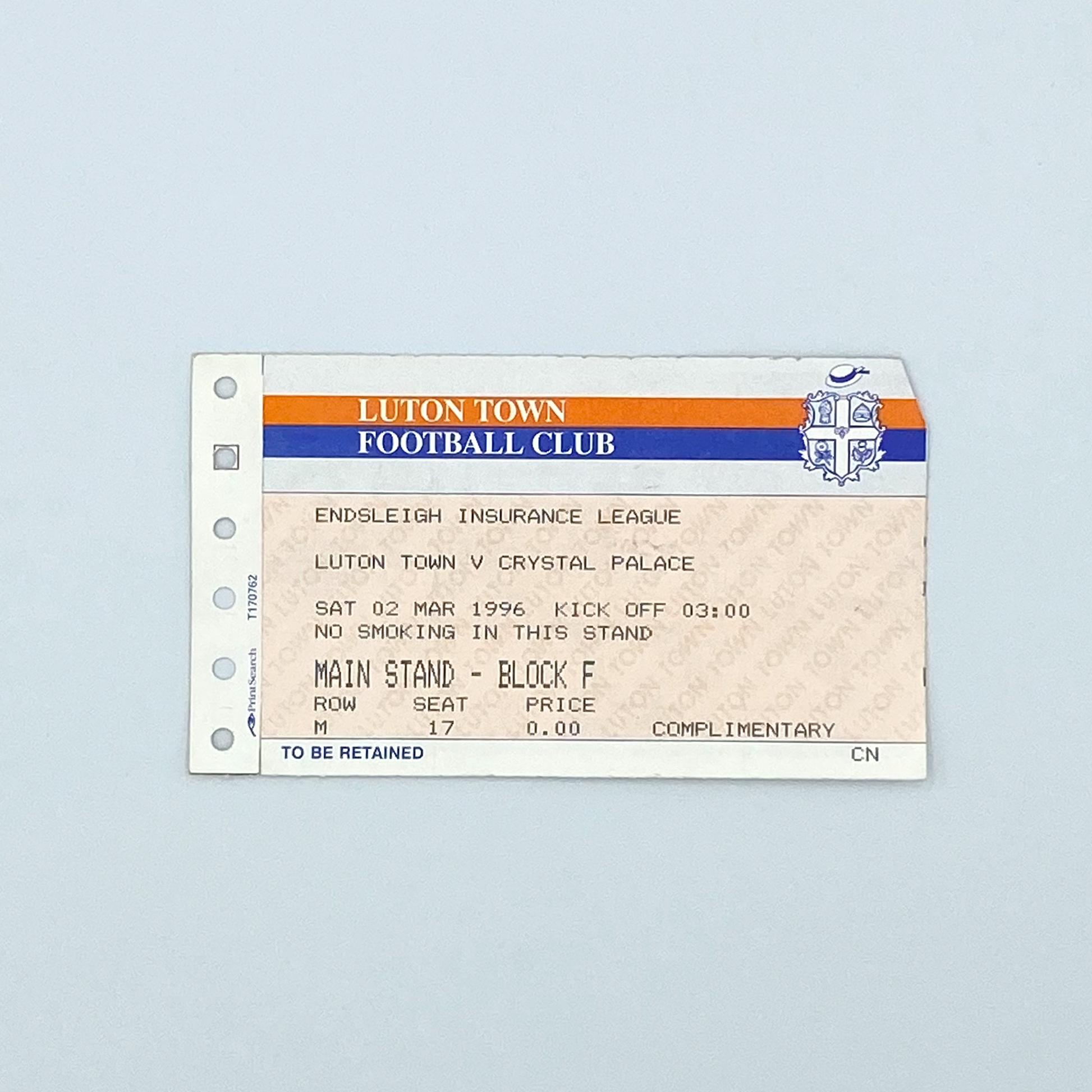 Luton Town vs Crystal Palace Programme & Ticket (2 March, 1996)