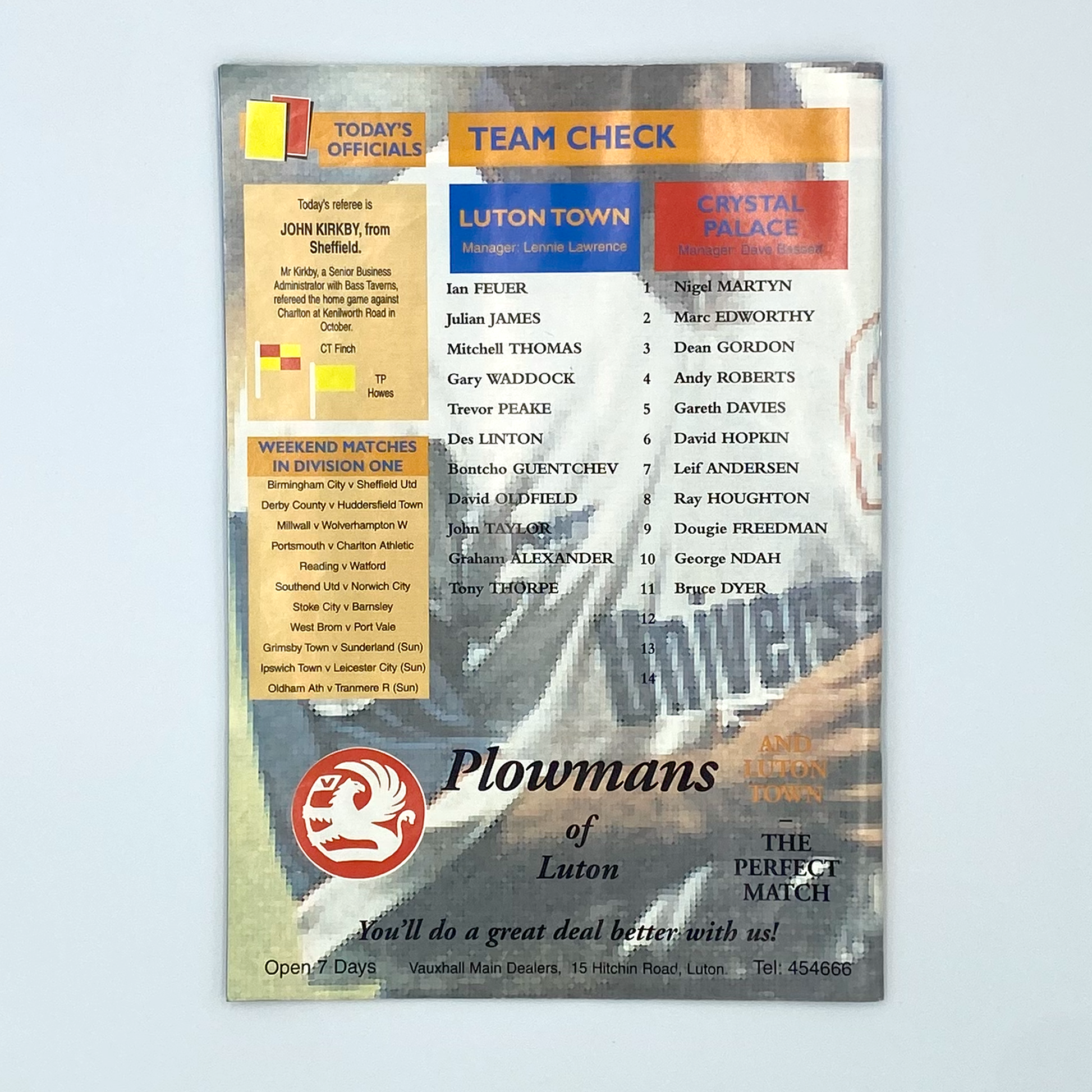 Luton Town vs Crystal Palace Programme & Ticket (2 March, 1996)