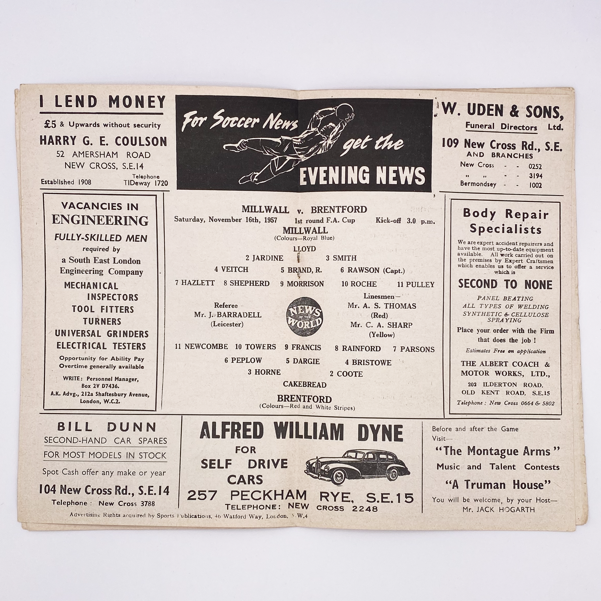 Millwall vs Brentford Programme (16 November, 1957)