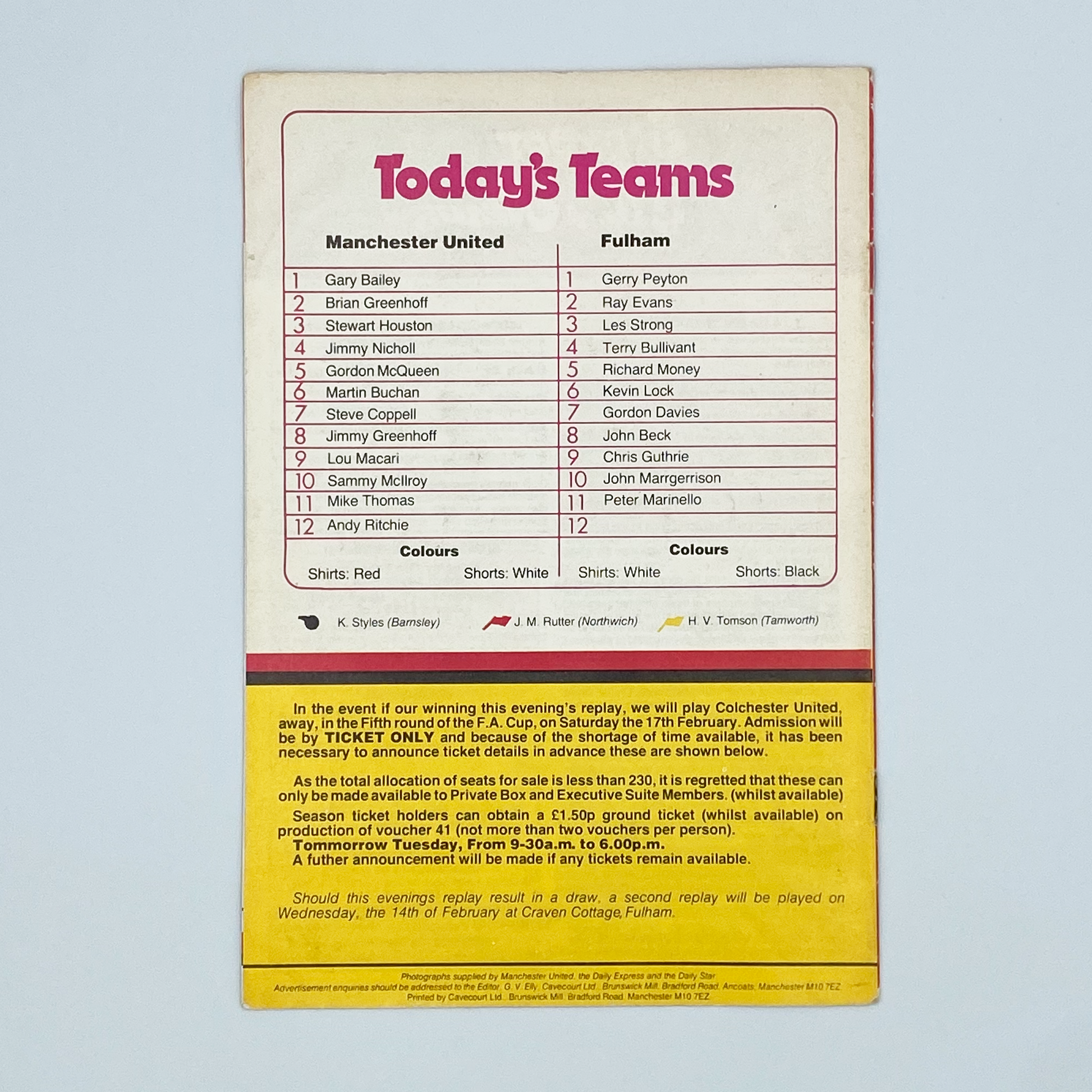 Manchester United vs Fulham Programme (12 February, 1979)