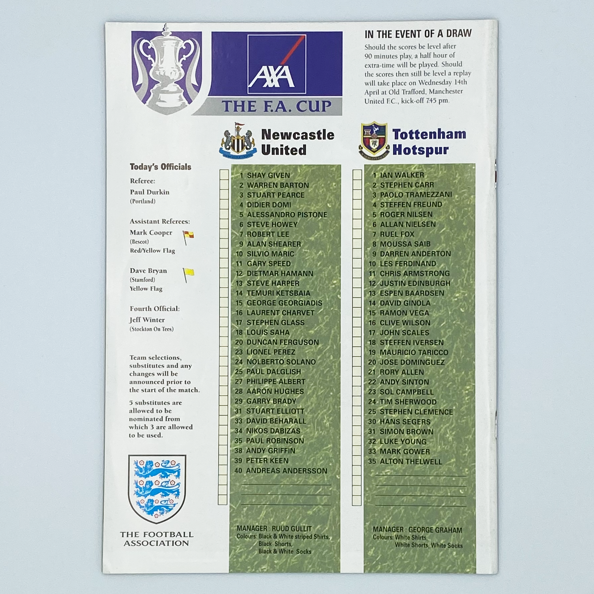 Newcastle United vs Tottenham Hotspur FA Cup Semi-Final Programme (11 April, 1999)