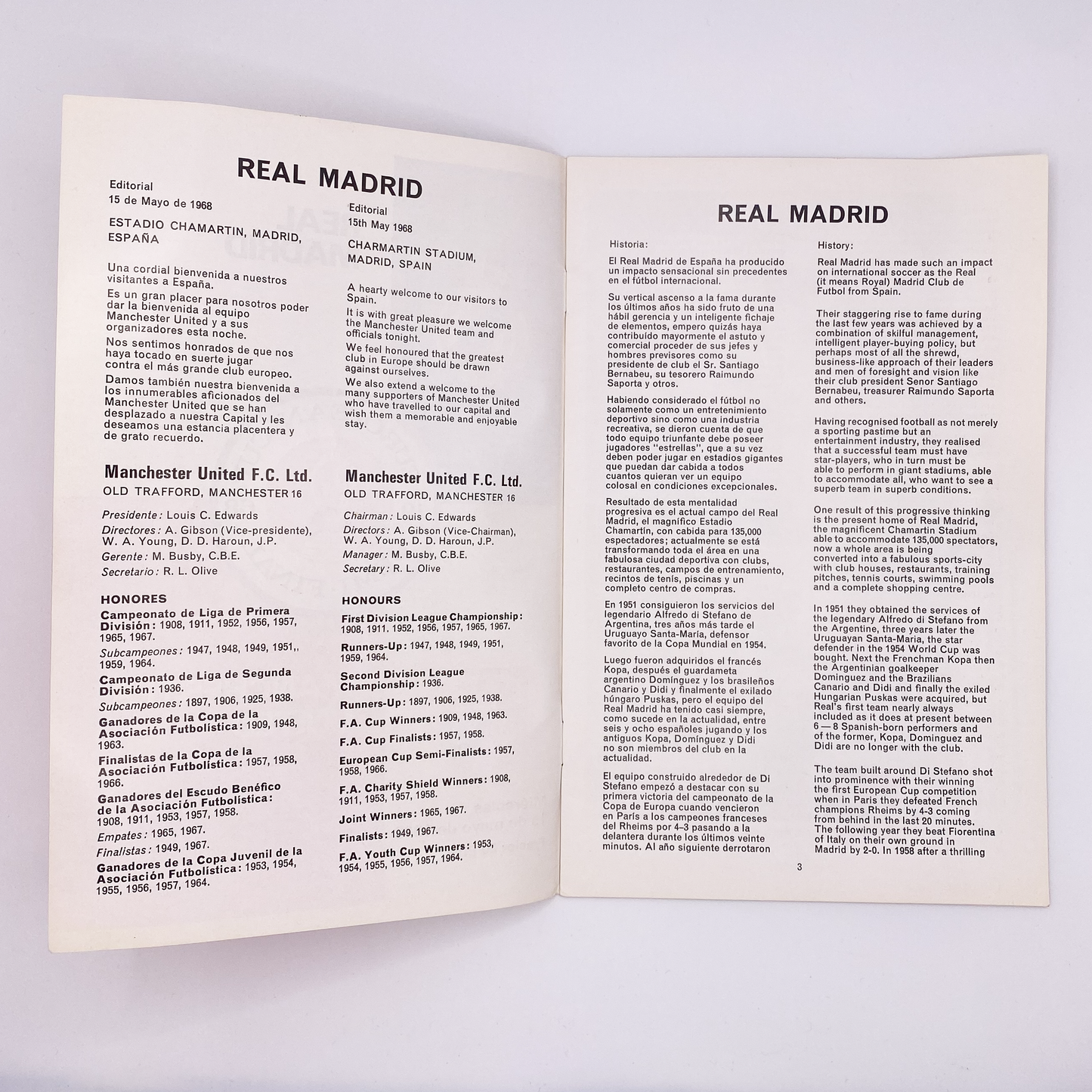 Real Madrid vs Manchester United Programme (15 May, 1968)