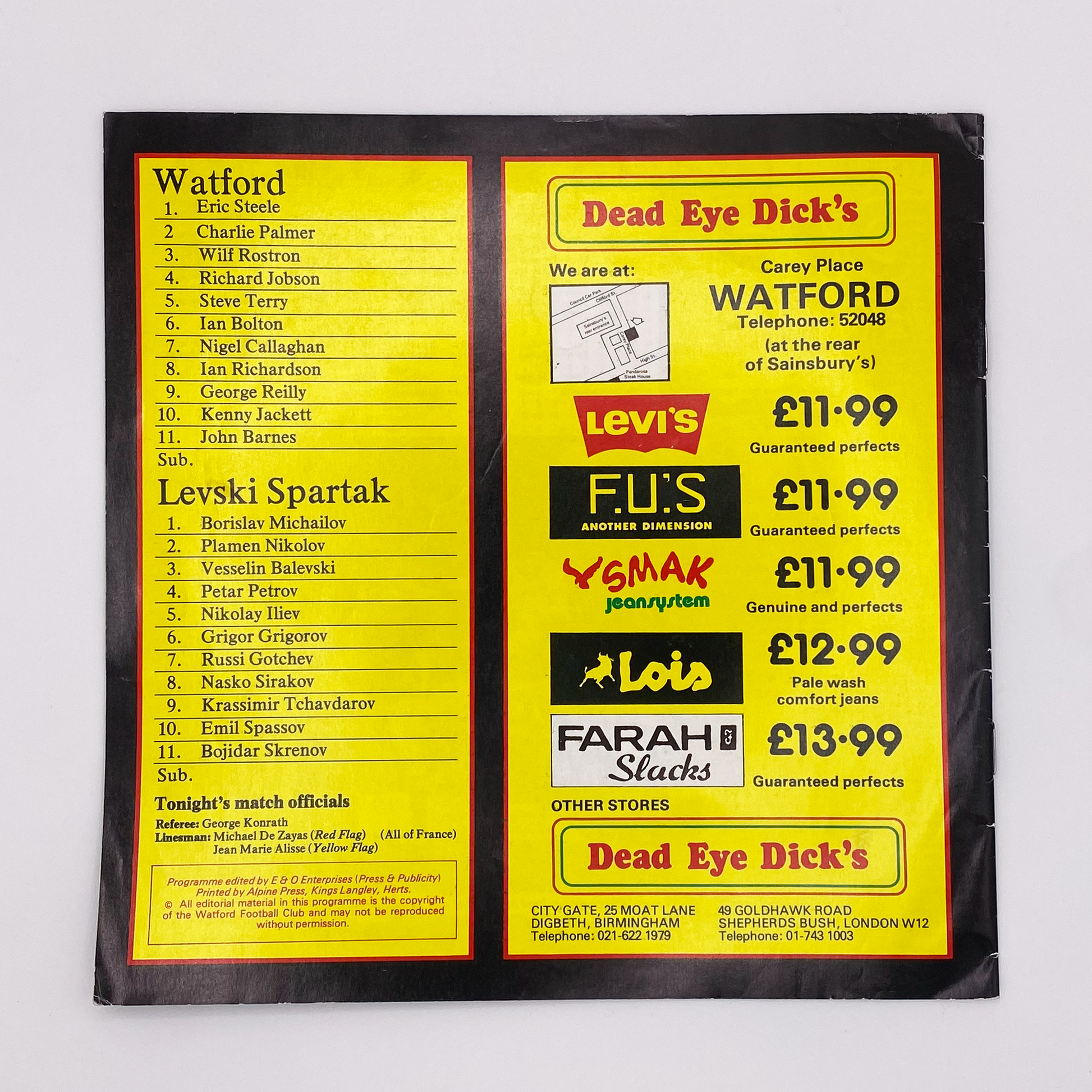 Watford vs Levski Spartak Sofia Programme (19 October, 1983)