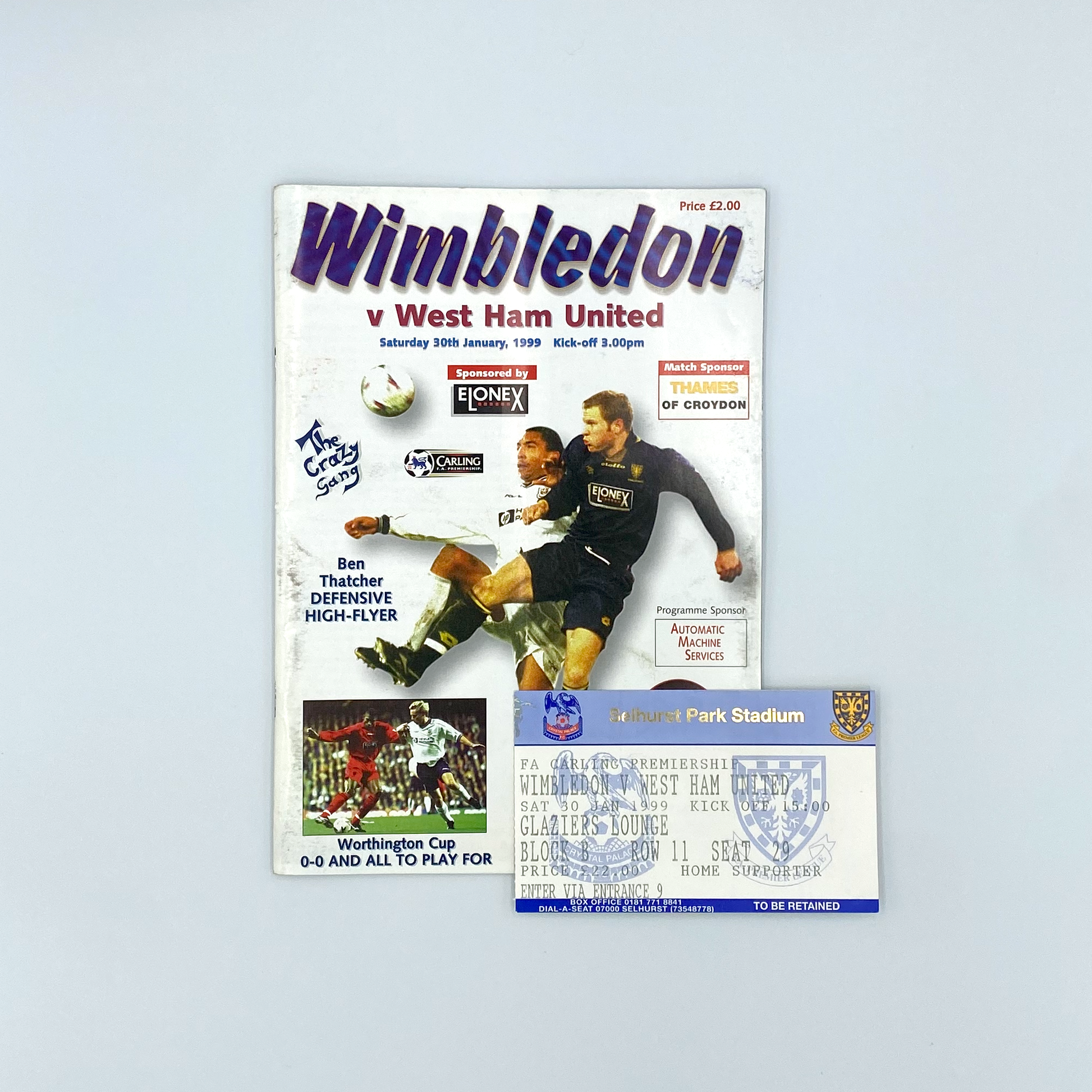 Wimbledon vs West Ham United Programme & Ticket (30 January, 1999)