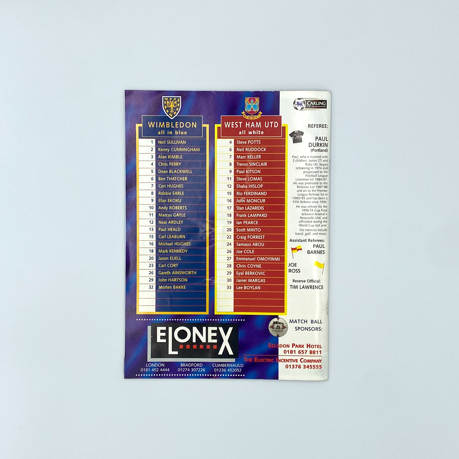 Wimbledon vs West Ham United Programme & Ticket (30 January, 1999)