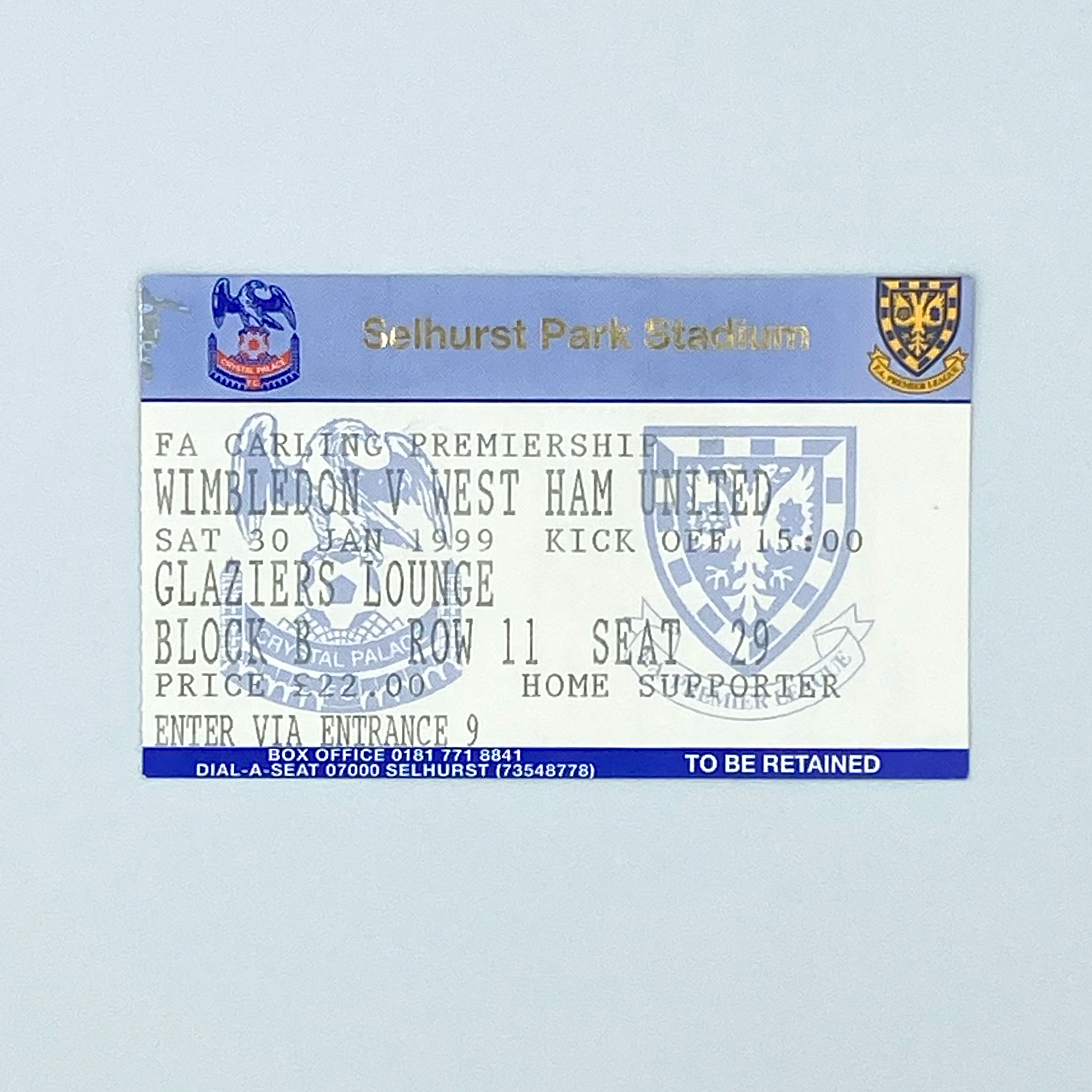 Wimbledon vs West Ham United Programme & Ticket (30 January, 1999)