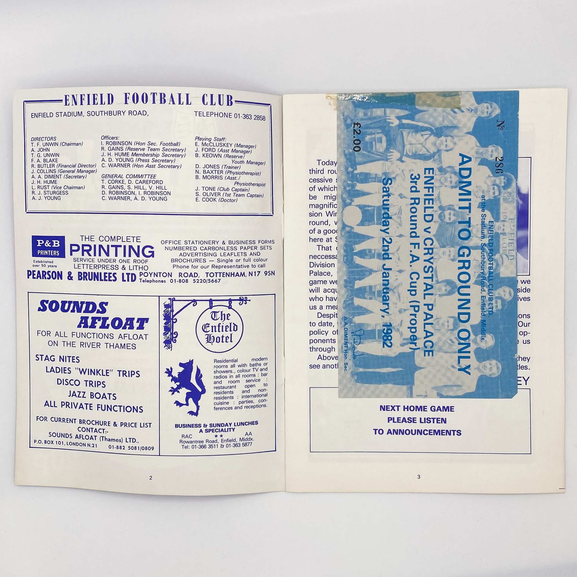 Enfield FC vs Crystal Palace Programme & Ticket (2 January, 1982)