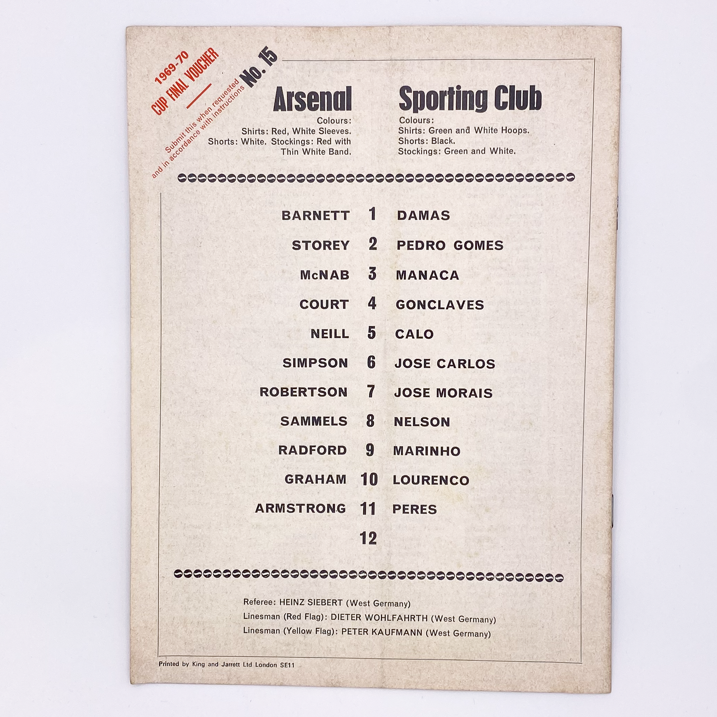 Arsenal vs Sporting CP Programme (26 November, 1969)