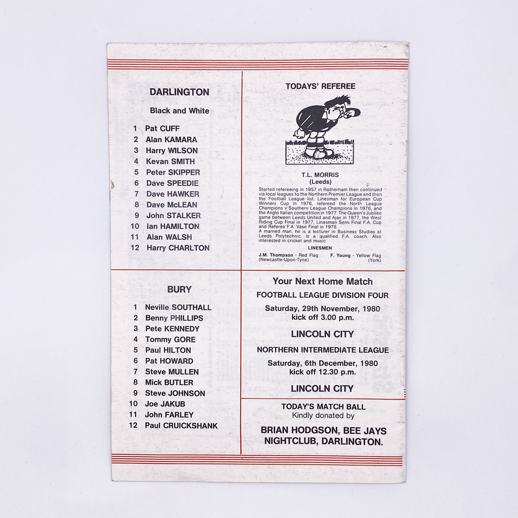 Darlington vs Bury Programme (22 November, 1980)