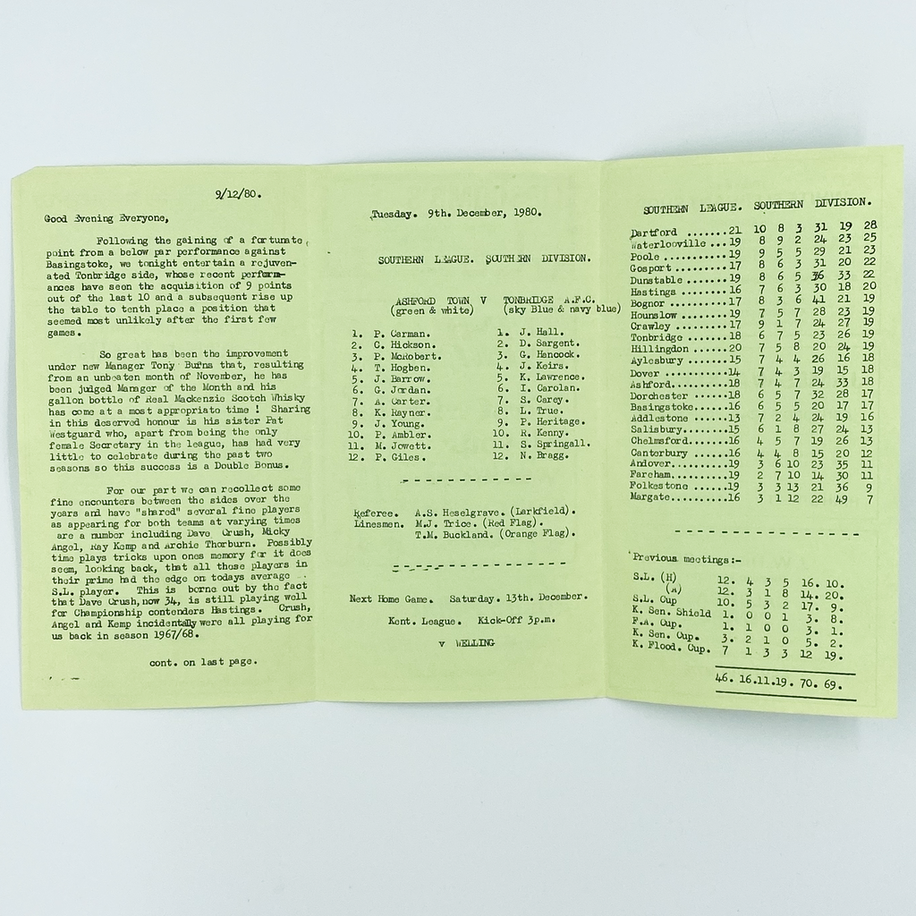 Ashford Town vs Tonbridge AFC Programme (9 December, 1980)