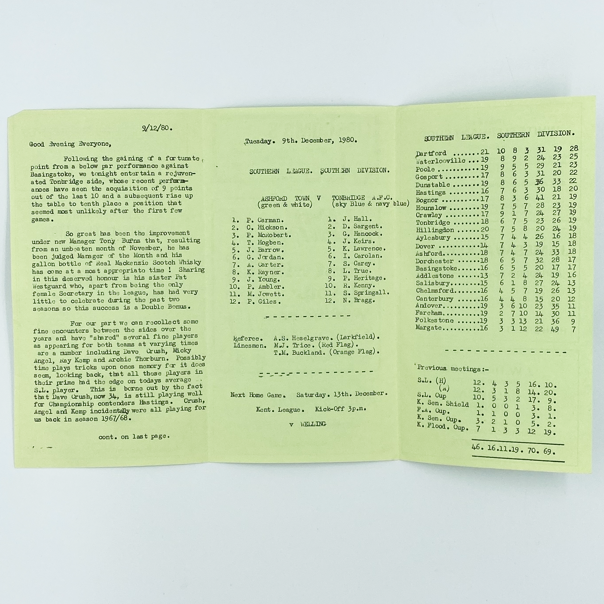 Ashford Town vs Tonbridge AFC Programme (9 December, 1980)