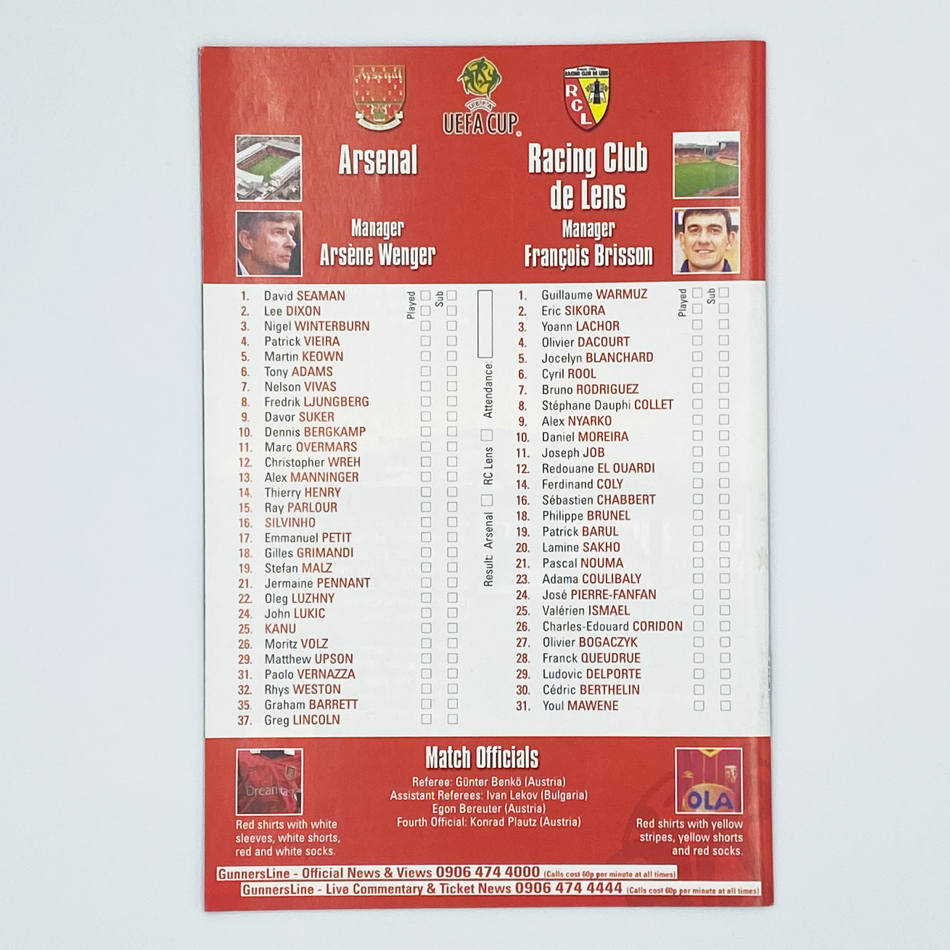 Arsenal vs RC Lens UEFA Cup Semi-Final 1st Leg Programme (6 April, 2000)